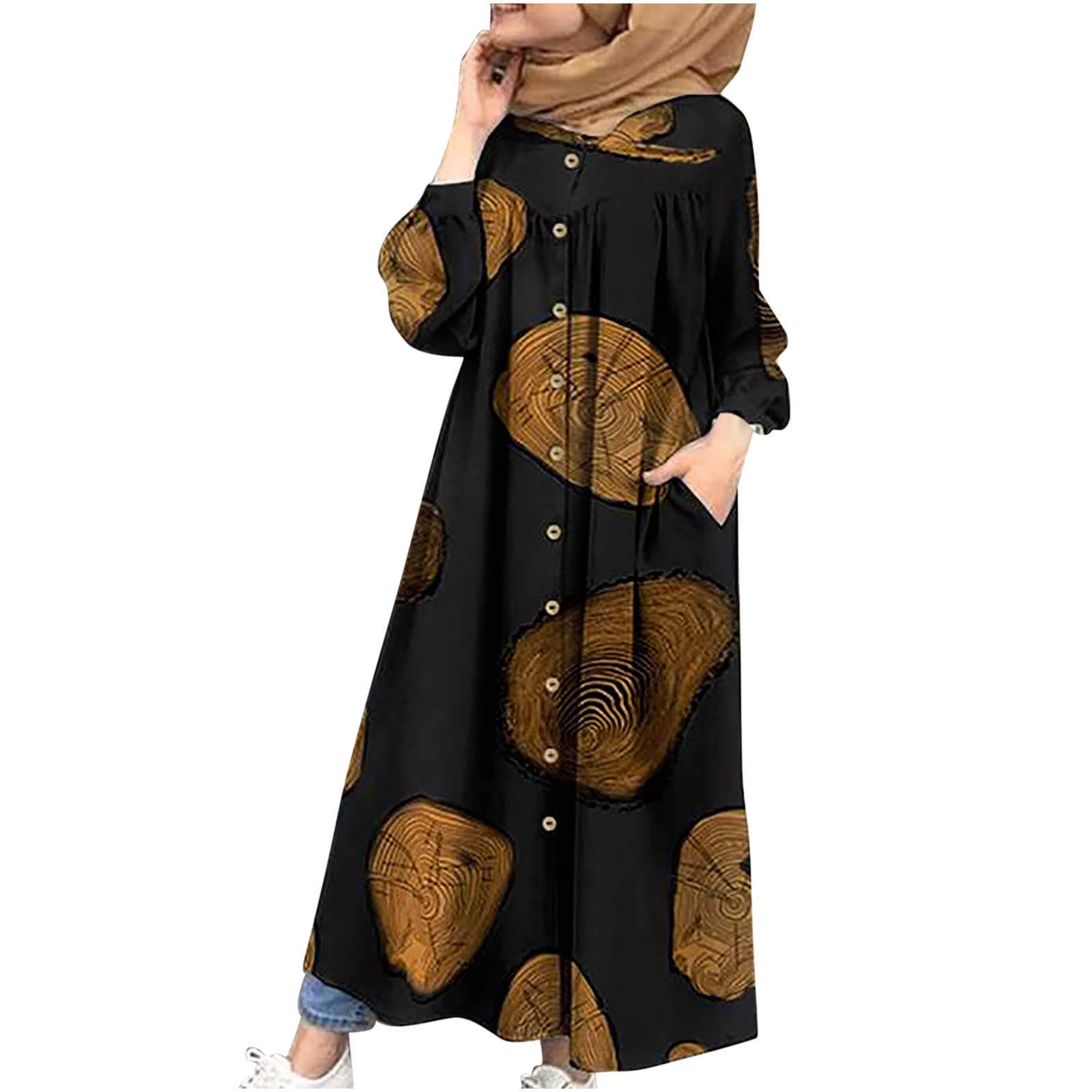 Vintage Floral Cotton Linen Maxi Dress for Women - Plus Size Loose Kaftan Dress with Empire Waist | Muslim Prayer Dress, Beach Cover Up, Summer Boho Outfit