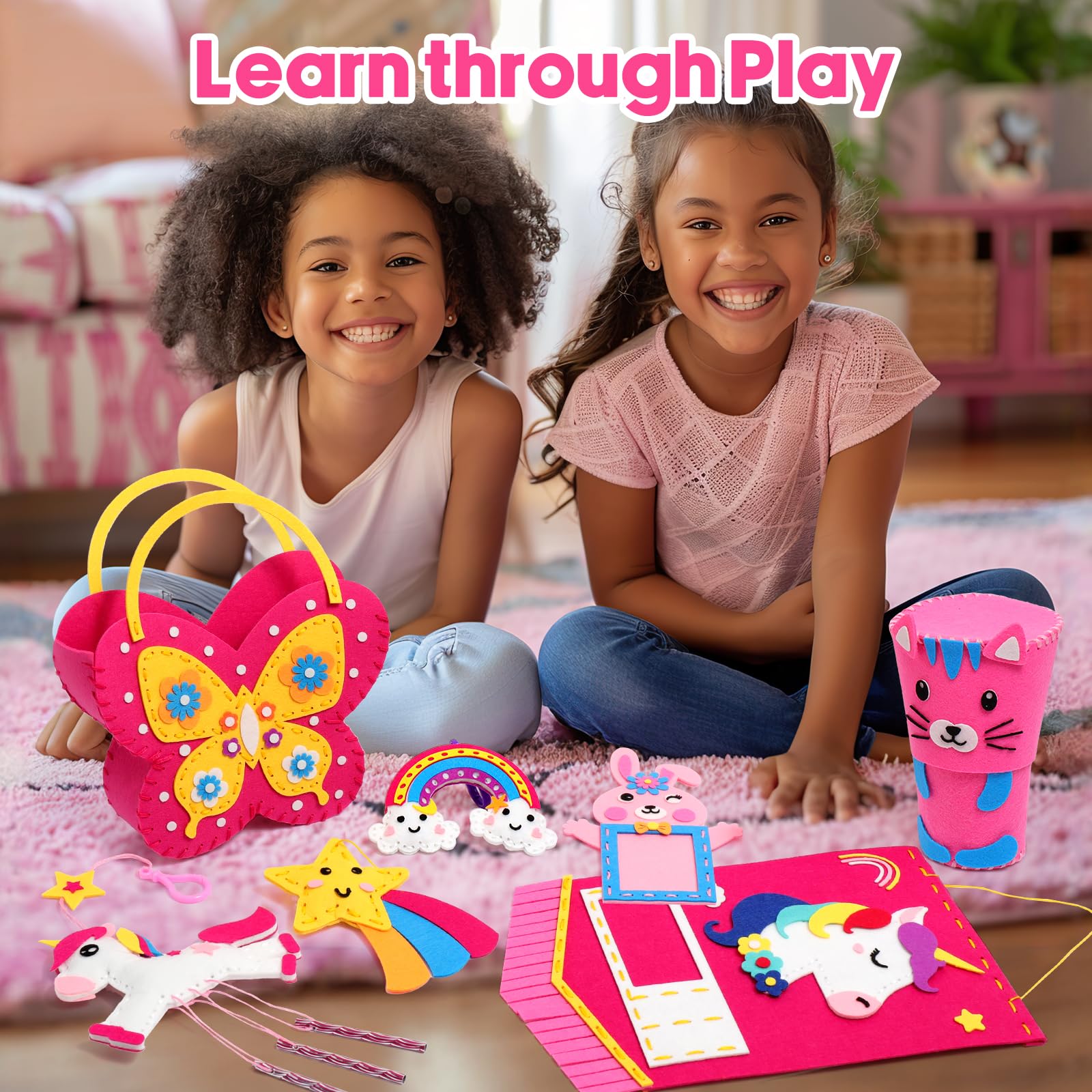 Sunrad Kids Sewing Kit for Beginners - DIY Unicorn & Animal Felt Crafts, 9 Easy Projects, Learn to Sew Educational Toy - Perfect Birthday Gift for Girls Ages 6-12 | Fun Arts & Crafts Activity for Home, School & Party Projects