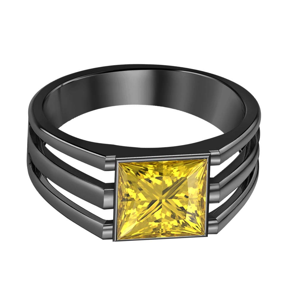 14K Black Gold Plated Solitaire Princess Cut Yellow Sapphire Men's Wedding Band & Engagement Ring - Perfect for Proposals, Anniversaries & Special Occasions