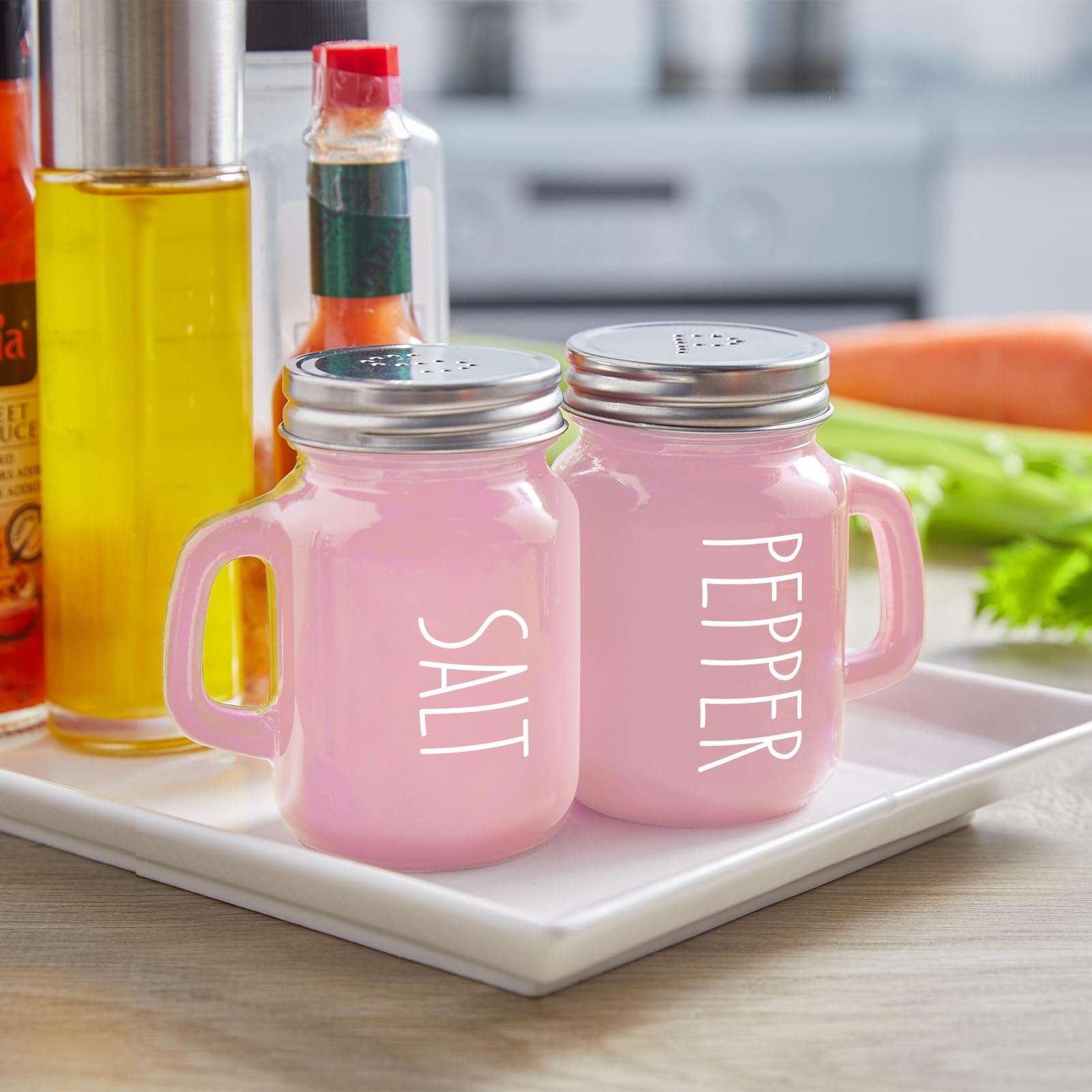 Premium Pink Salt and Pepper Shakers Set - 4 oz Glass Kitchen Accessories for Cooking, Dining Table, RV, BBQ - Easy to Clean & Refill - Perfect for Home, Restaurant, and Outdoor Use