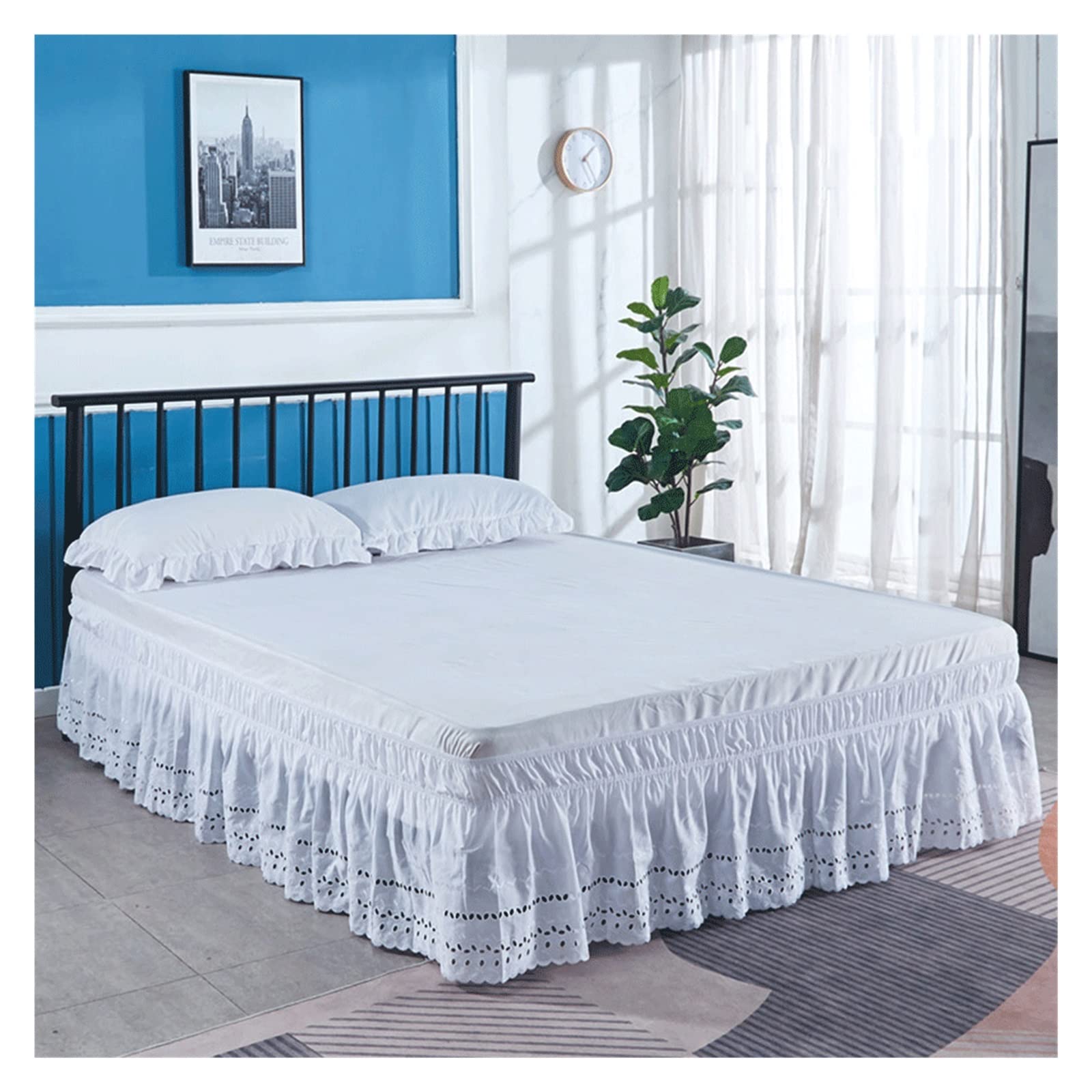 Elegant White Hollowed Embroidery Bed Skirt with Elastic Band - 150x200cm Bed Cover Protector for Queen/King Size Beds | Perfect for Home Decor & Mattress Protection