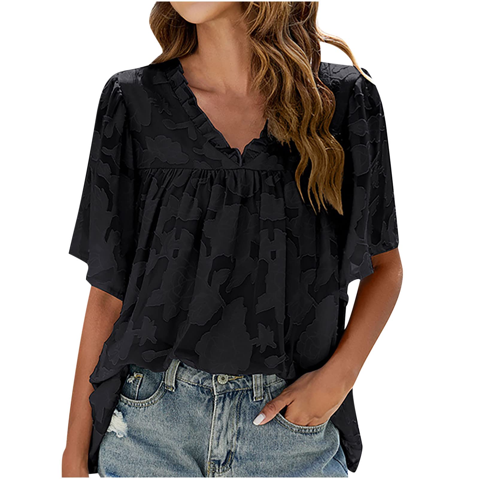 Women's Summer Chiffon Short Sleeve Ruffle V-Neck T-Shirt - Trendy Floral Print Loose Blouse for Casual Wear, Beach Outfits & Vacation Essentials