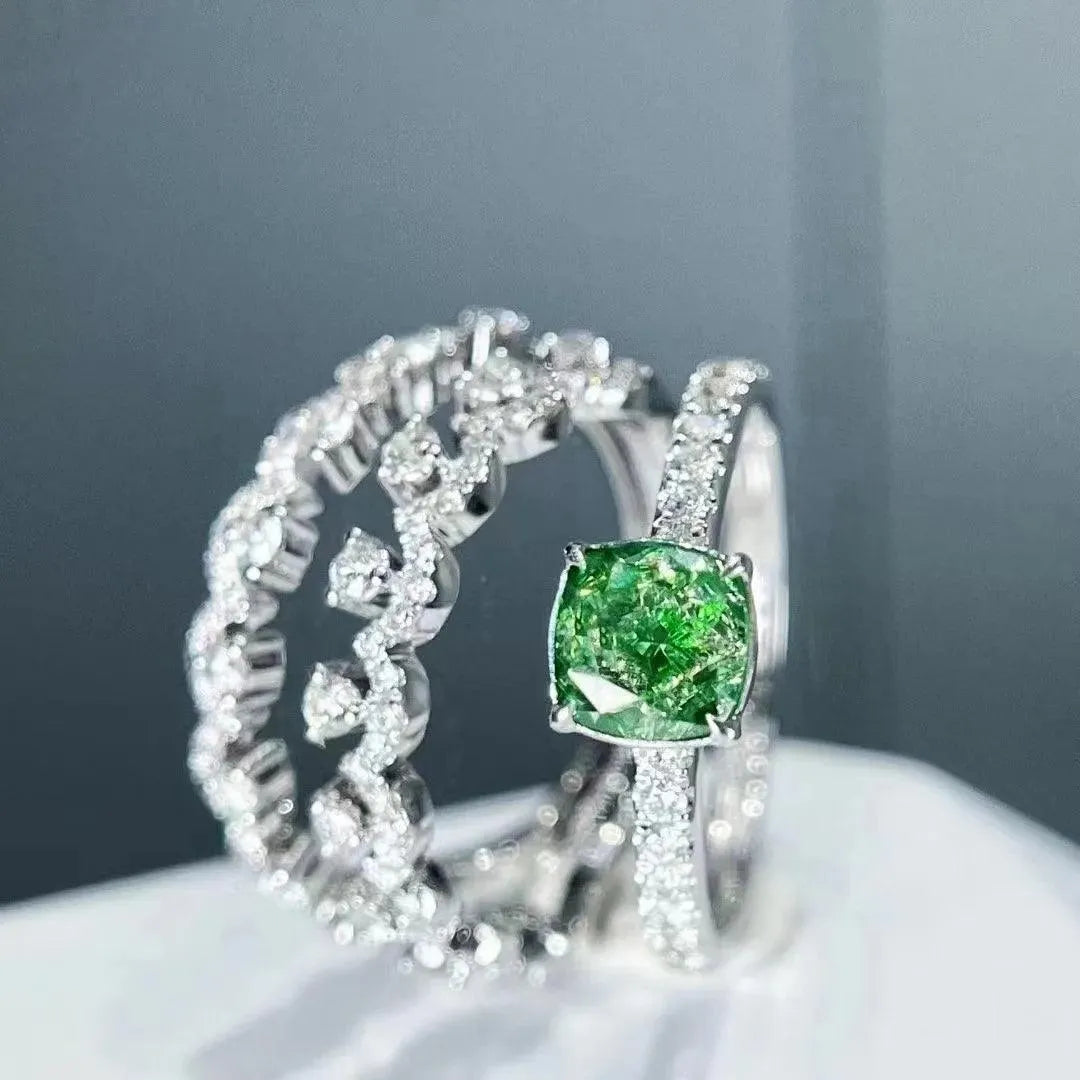 SGARIT 18K White Gold 1 Carat Princess Cut Green Diamond Engagement Ring for Women - Detachable Three Layer Design, Luxury Wedding Jewelry for Brides, Anniversary Gifts & Special Occasions