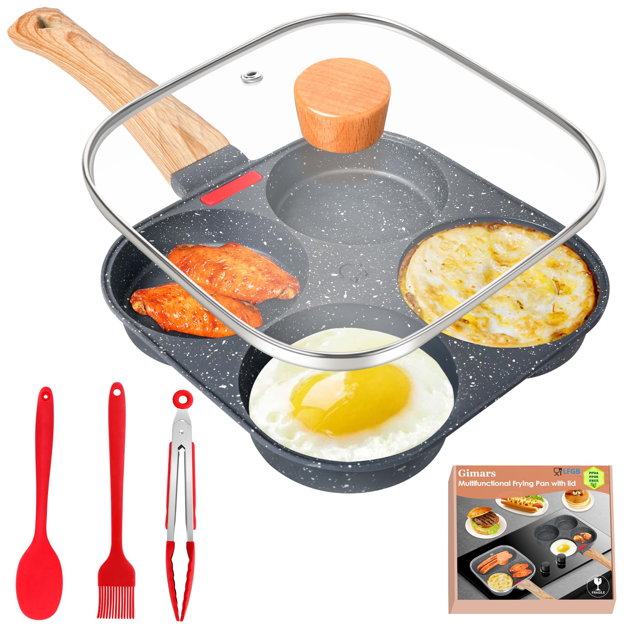 Nonstick 4-Cavity Pancake Pan with Lid - Aluminum Egg Frying Pan for Omelette, Hamburger & Breakfast - Includes Spatula, Brush & Clip - Perfect for Gas/Induction Stoves, Camping & Family Cooking