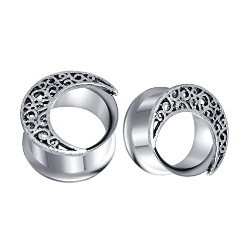 Gualiy 2PCS Surgical Steel Ear Tunnels Set - Vintage Filigree Moon Shape Ear Gauges Kit for Stretching (14G-00G) | Perfect for Body Jewelry, Piercing Lovers & Alternative Fashion | Great for Parties, Concerts & Gothic Style
