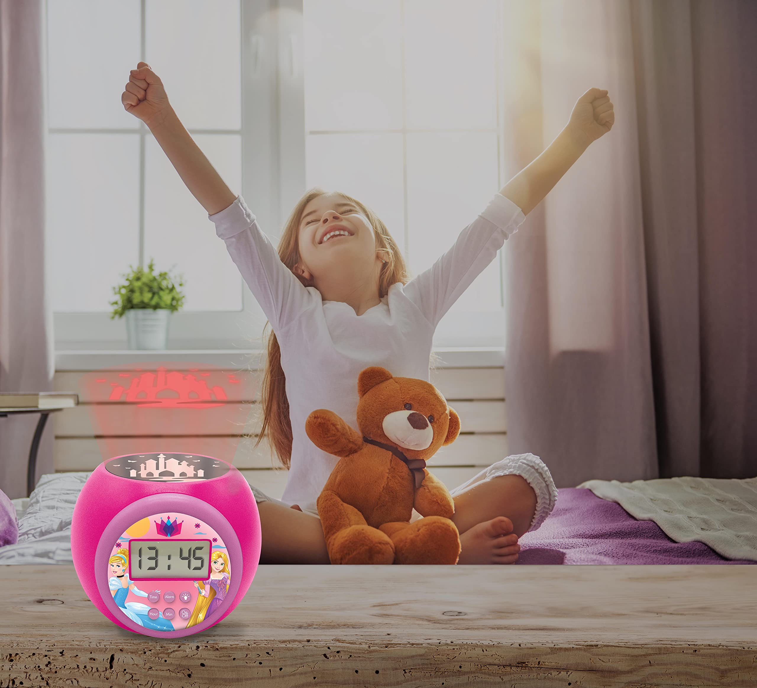 Disney Princess Projector Clock with Snooze Alarm - LCD Screen Night Light with Timer, Battery Operated Pink Clock for Kids | Perfect for Bedrooms, Nurseries, and Kids' Rooms as Night Light & Alarm Clock