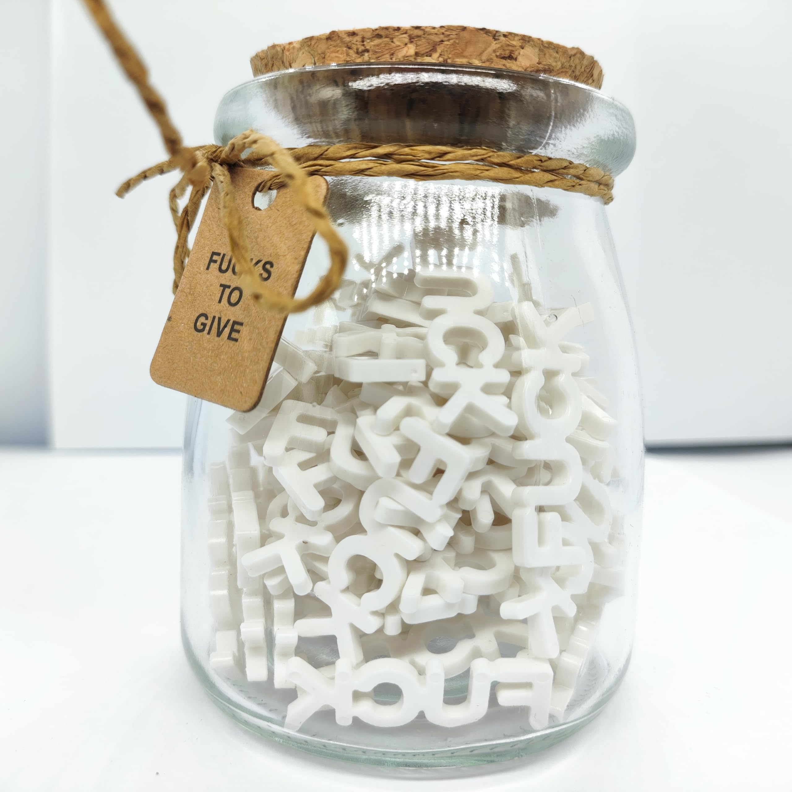 Funny Fuck Jar Gift - 7oz Glass Jar with 100 Cutout Letters | Hilarious Gag Gift for Office, White Elephant & Birthday Parties | Novelty Desk Decor for Women & Men (Milky White) - Perfect for Stress Relief & Prank Gifts
