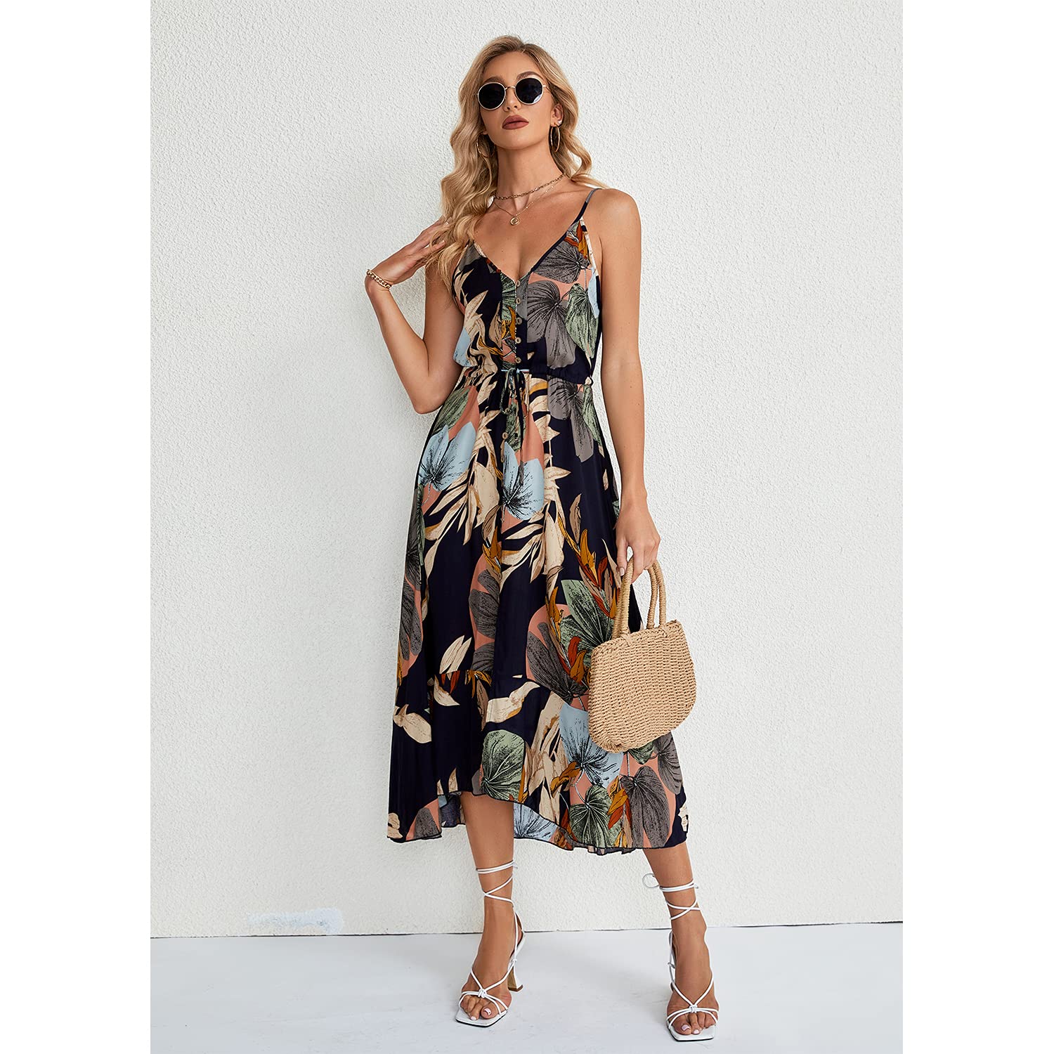 BROVAVE Women's 2025 Summer Casual Boho Sundress - Polka Dot Spaghetti Strap V-Neck Flowy Midi Dress for Beach, Vacation & Outdoor Parties | Lightweight Comfortable Dress for Women