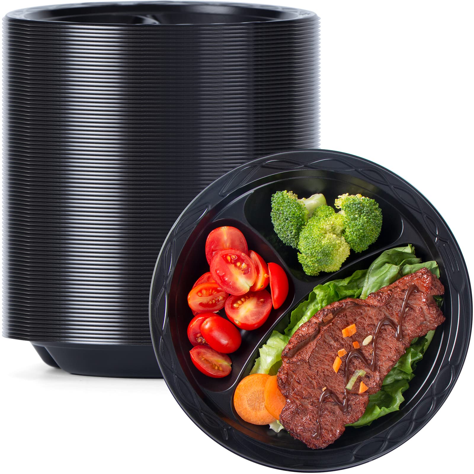 YANGRUI 9 Inch 3 Compartment Reusable Plastic Plates - 150 Pack BPA Free Food Grade Dinner Trays for School Cafeteria, Hospital Meals & Party Serving - Durable MFPP Black Disposable Trays