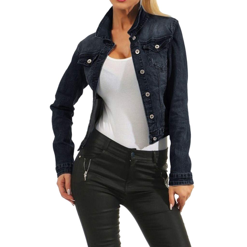 Women's Casual Distressed Denim Jacket - Long Beaded Jean Coat for Everyday Wear | Perfect for Spring, Fall & Outdoor Activities