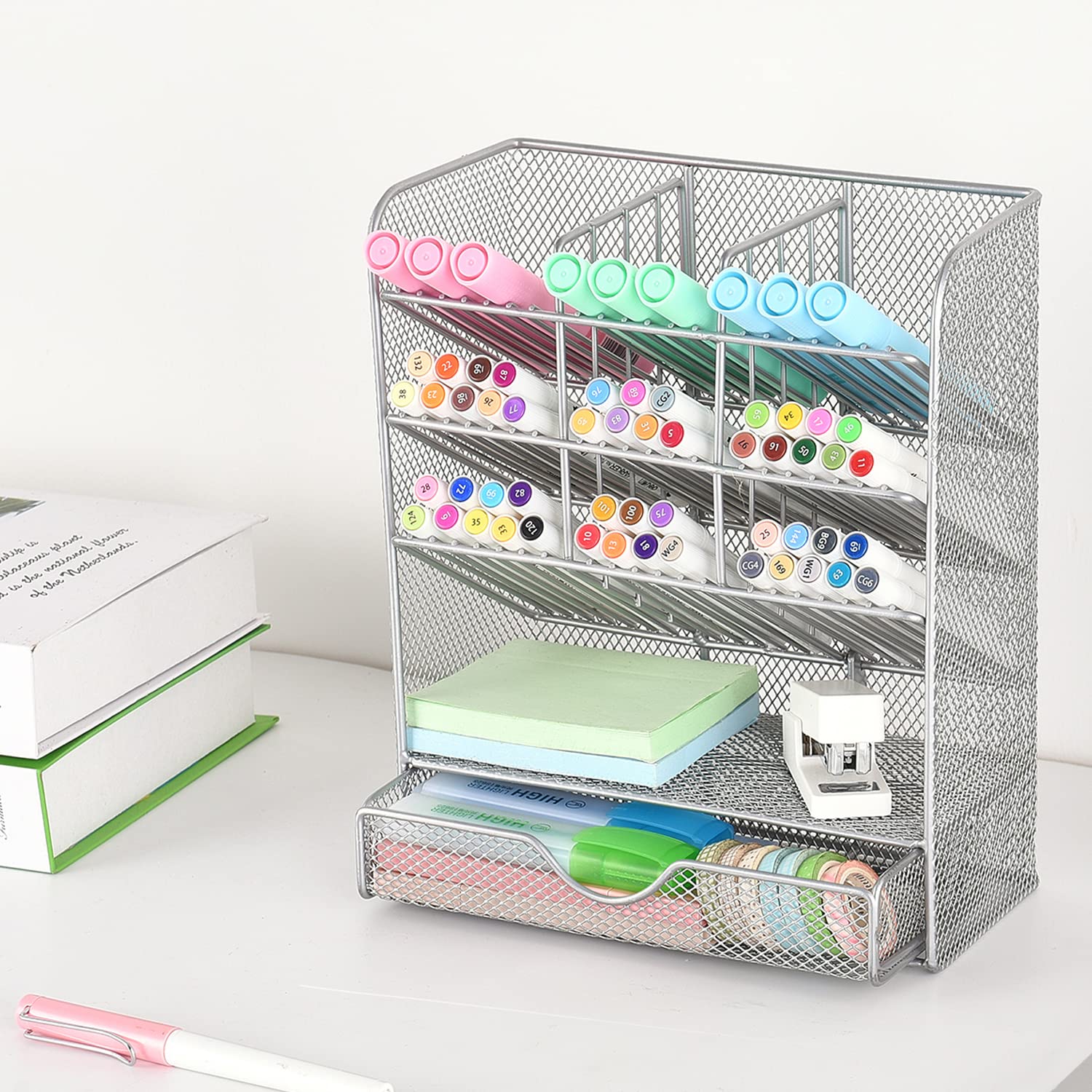 Spacrea 10-Compartment Desk Organizer with Drawer - Silver Pen & Pencil Holder for Office, School, Home - Perfect for Organizing Stationery, Art Supplies, and Small Office Accessories