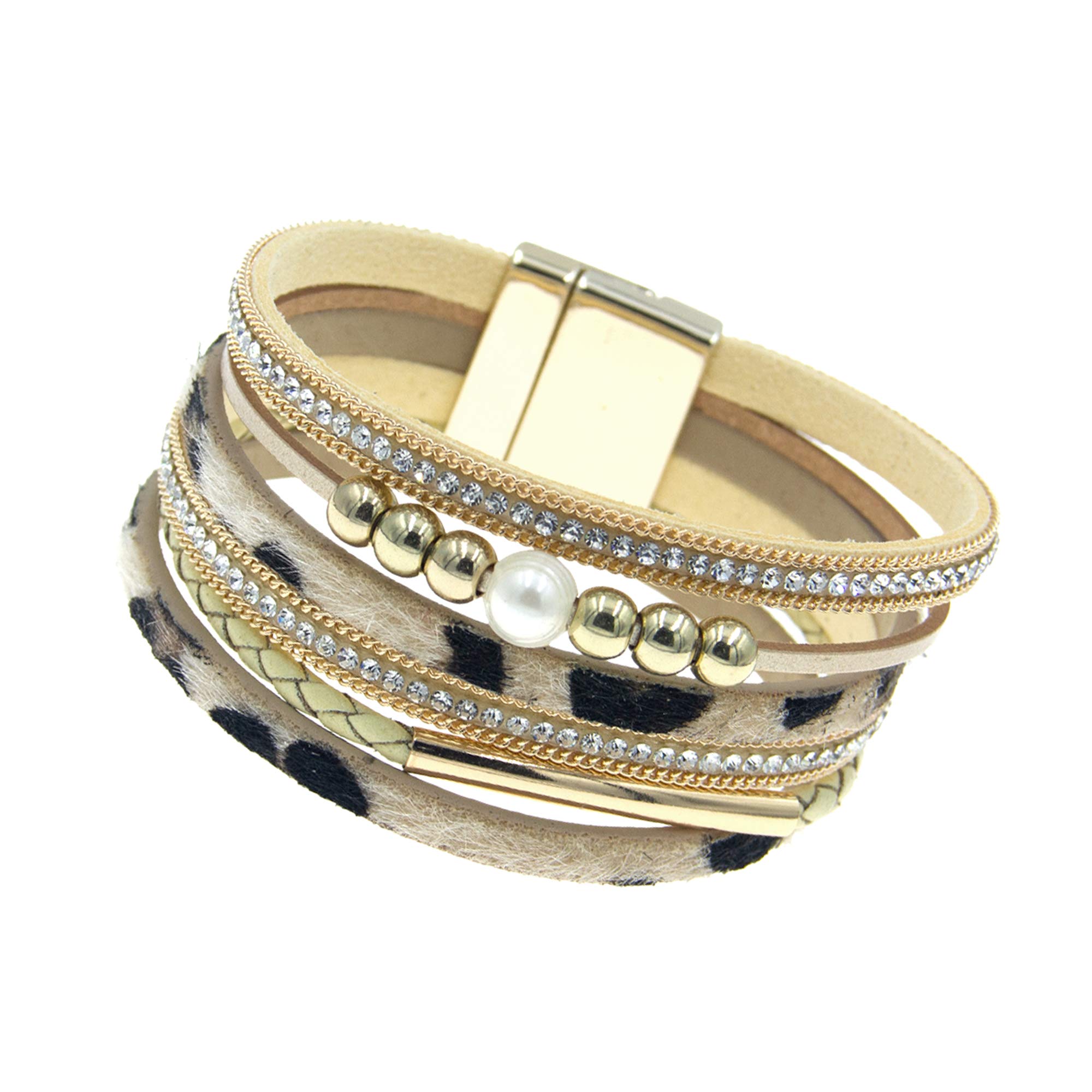 NTLX Leopard Print Wrap Cuff Bracelets for Women - Magnetic Clasp Multi-Layer Stackable Leather Bracelets - Fashion Statement Bangle for Boho, Party & Everyday Wear