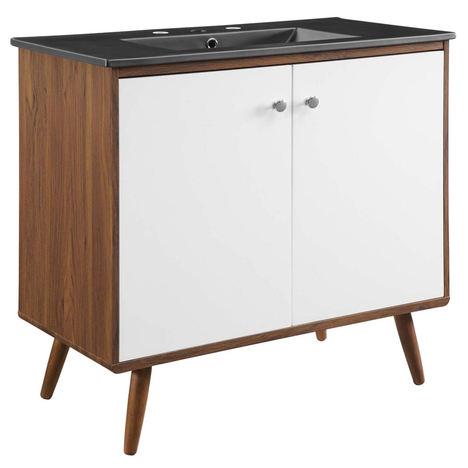 Modway Transmit 36 Inch Walnut Black Bathroom Vanity with Sink - Modern Storage Cabinet for Small Bathrooms, Powder Rooms & Master Baths
