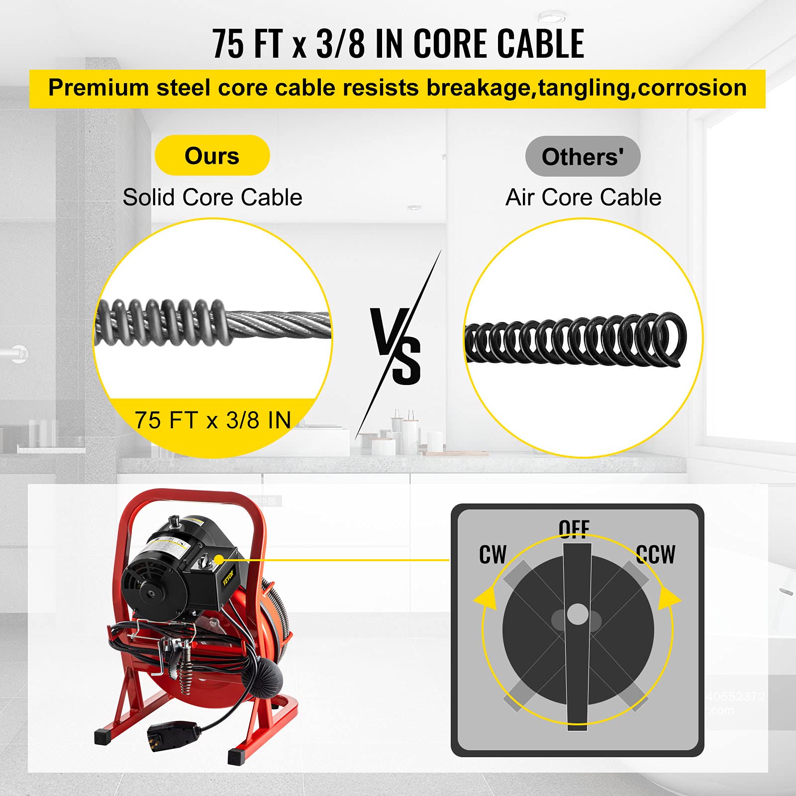 VEVOR Electric Drain Cleaner Machine - 75 Ft x 3/8 Inch Drain Snake for 1-4 Inch Pipes, Portable Plumbing Tool with 4 Cutters | Clog Remover for Kitchen Sink, Shower, Bathtub & Toilet Drain Cleaning