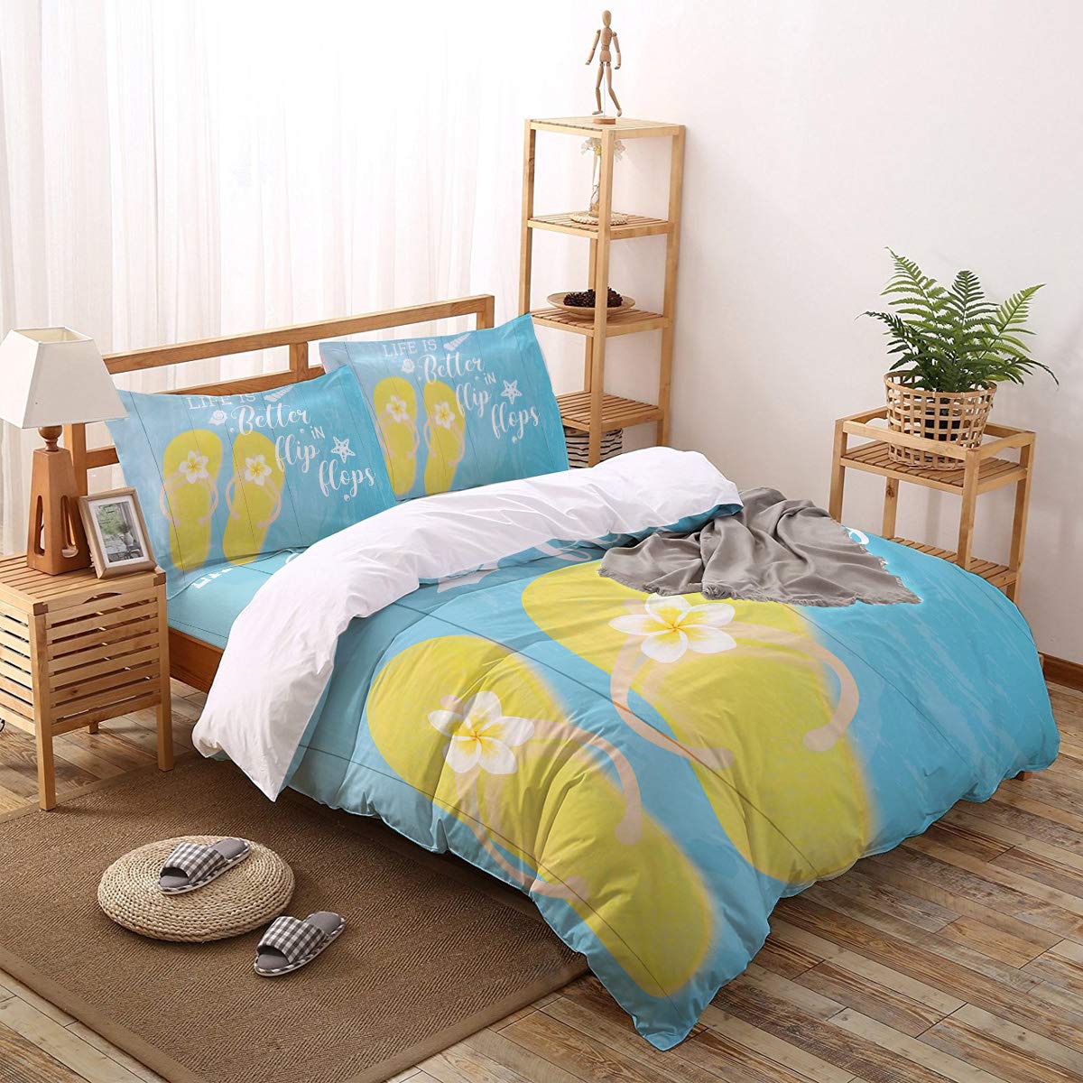 Premium 4-Piece Luxury Soft Duvet Cover Set - Blue Wood Grain Starfish & Shell Design - Includes 1 Duvet Cover, 1 Flat Sheet & 2 Pillowcases - Twin Size - Perfect for Beach House, Guest Room & Coastal-Themed Bedrooms