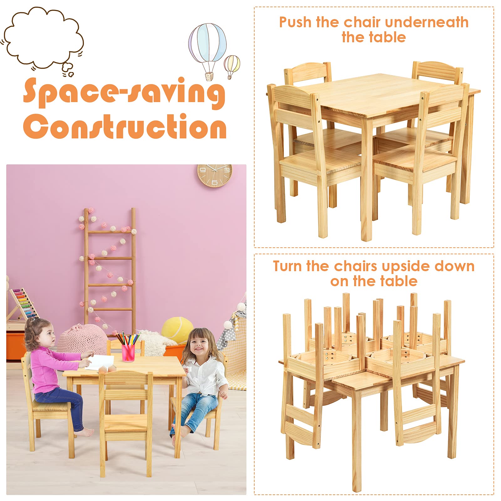 BETTARY Kids Wooden Table and Chair Set - 5 Piece Toddler Activity Furniture for Studying, Crafts, Art & Dining | Sturdy Playroom Set for Ages 2-6 | Perfect for Preschool Learning, Creative Play & Mealtime (Natural Wood)