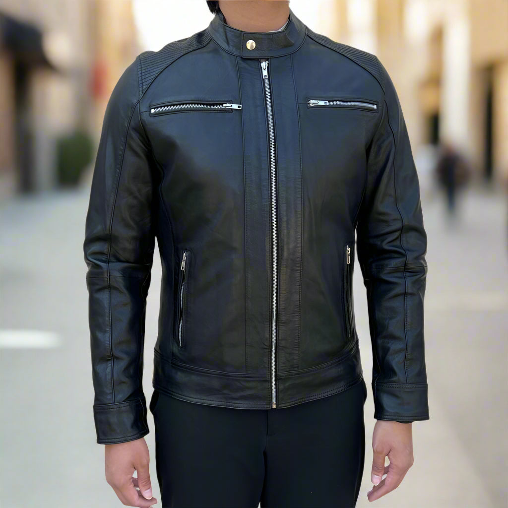 Premium Men's Genuine Sheep Leather Jacket with 4 Pockets, Stand Collar & Silver Zippers - Stylish Outerwear for Casual Wear, Motorcycle Riding & Fall Fashion