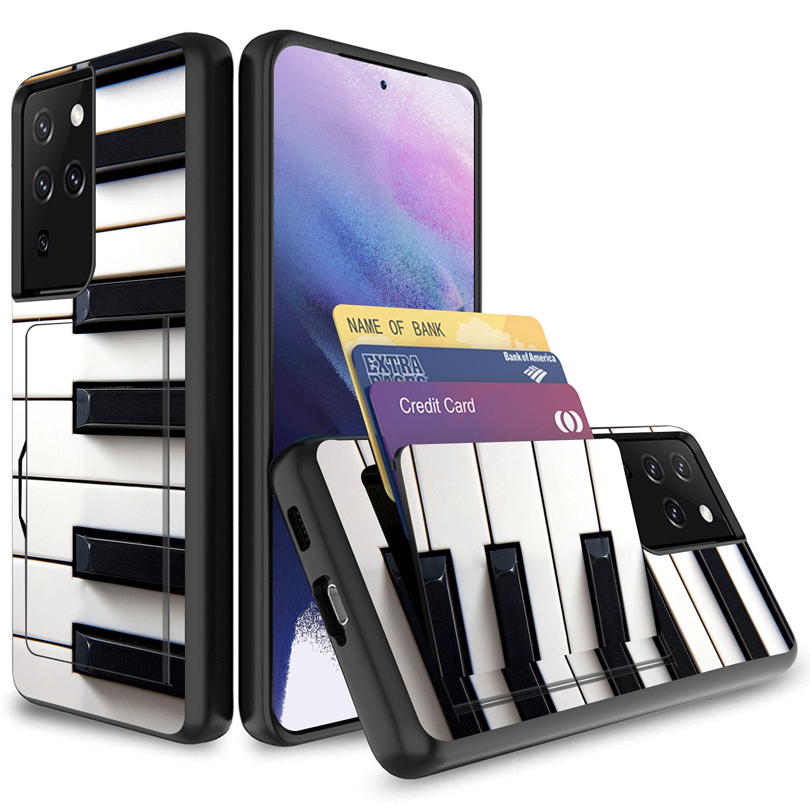 Samsung Galaxy S21 Ultra Case with Card Holder - Shockproof Hybrid PC+TPU Wallet Case for Galaxy S21 Ultra 6.8 Inch | Funny Black White Piano Key Design | Perfect for Daily Use, Travel & Business Meetings