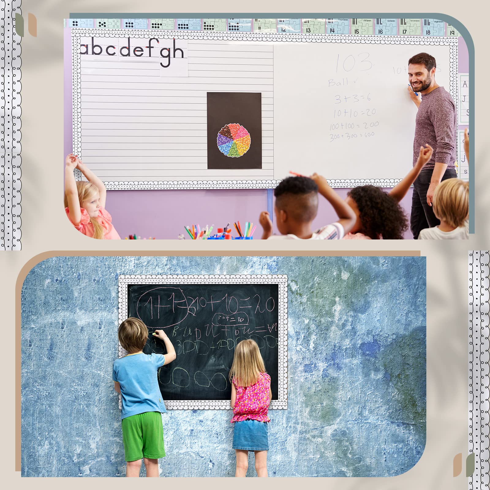 Leinuosen 44 Pcs Squiggles and Dots Die Cut Border Trim - 50.5 ft White with Black Bulletin Board Borders for Classroom Decor, Includes 20 Sheet Glue Point Dots - Perfect for School, Office, and Home Bulletin Boards