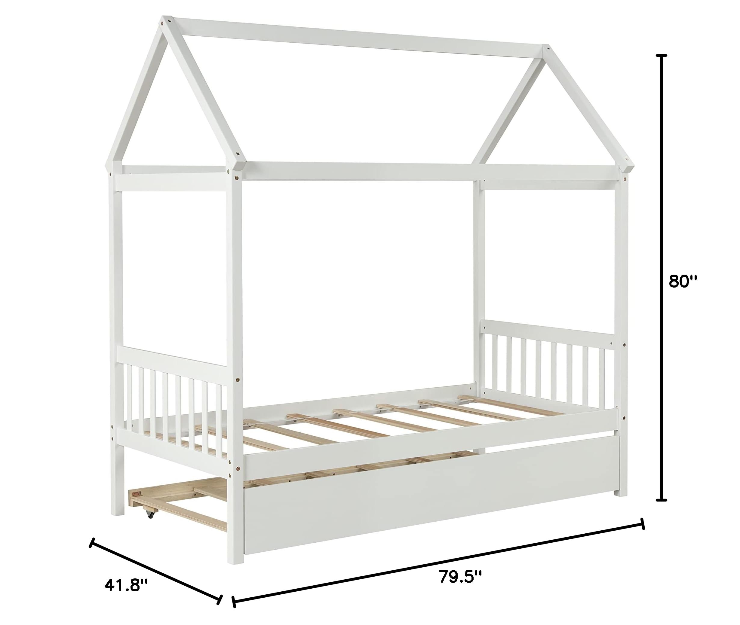 Bellemave Twin Size House Bed with Trundle - Wooden Platform Bed Frame for Kids, Girls & Boys - No Box Spring Needed - White - Perfect for Kids' Bedrooms, Playrooms & Nursery Decor