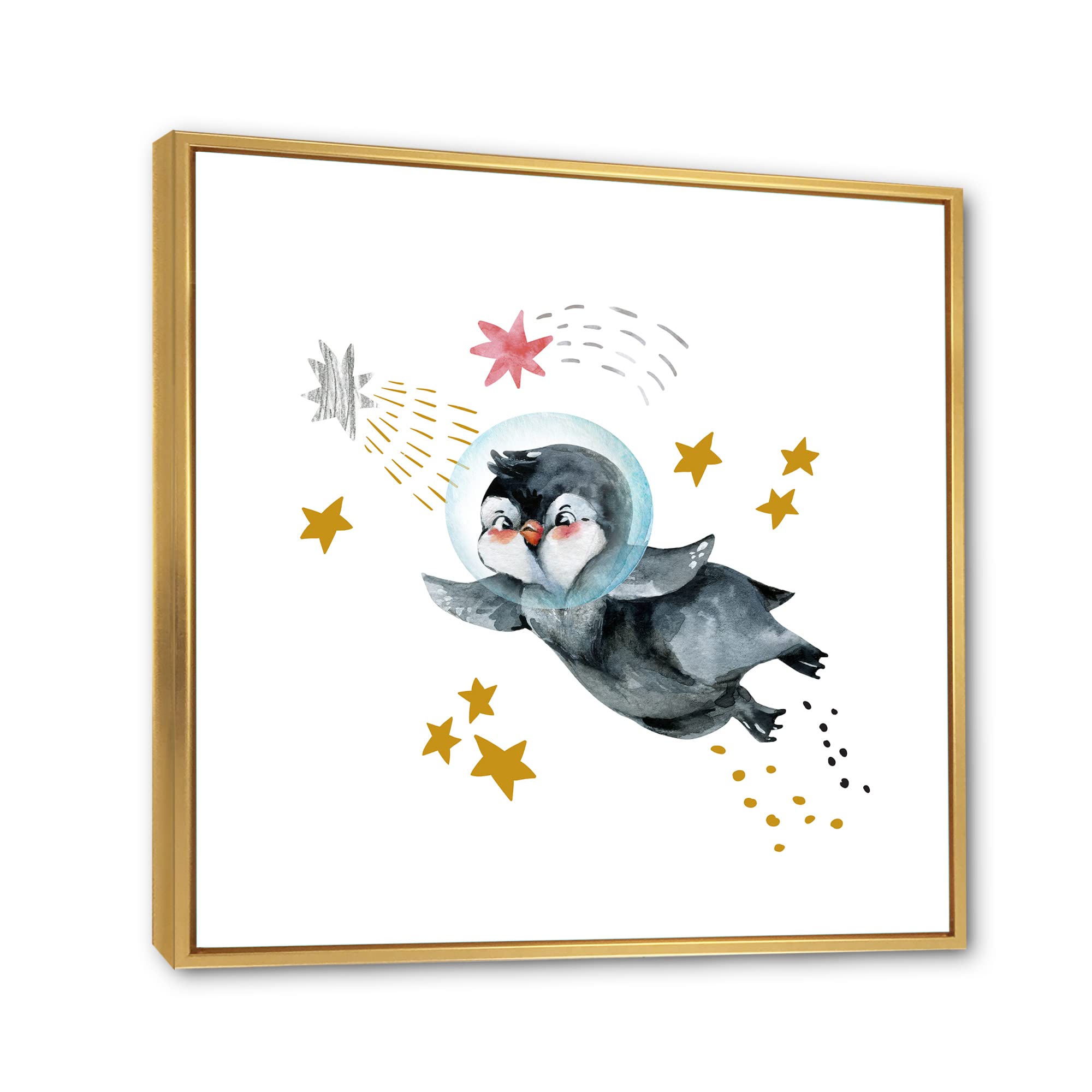 Little Penguin Flying Stars and Planets I - Farmhouse Framed Canvas Wall Art Print - Nursery Decor, Kids Room Decor, Living Room Wall Art