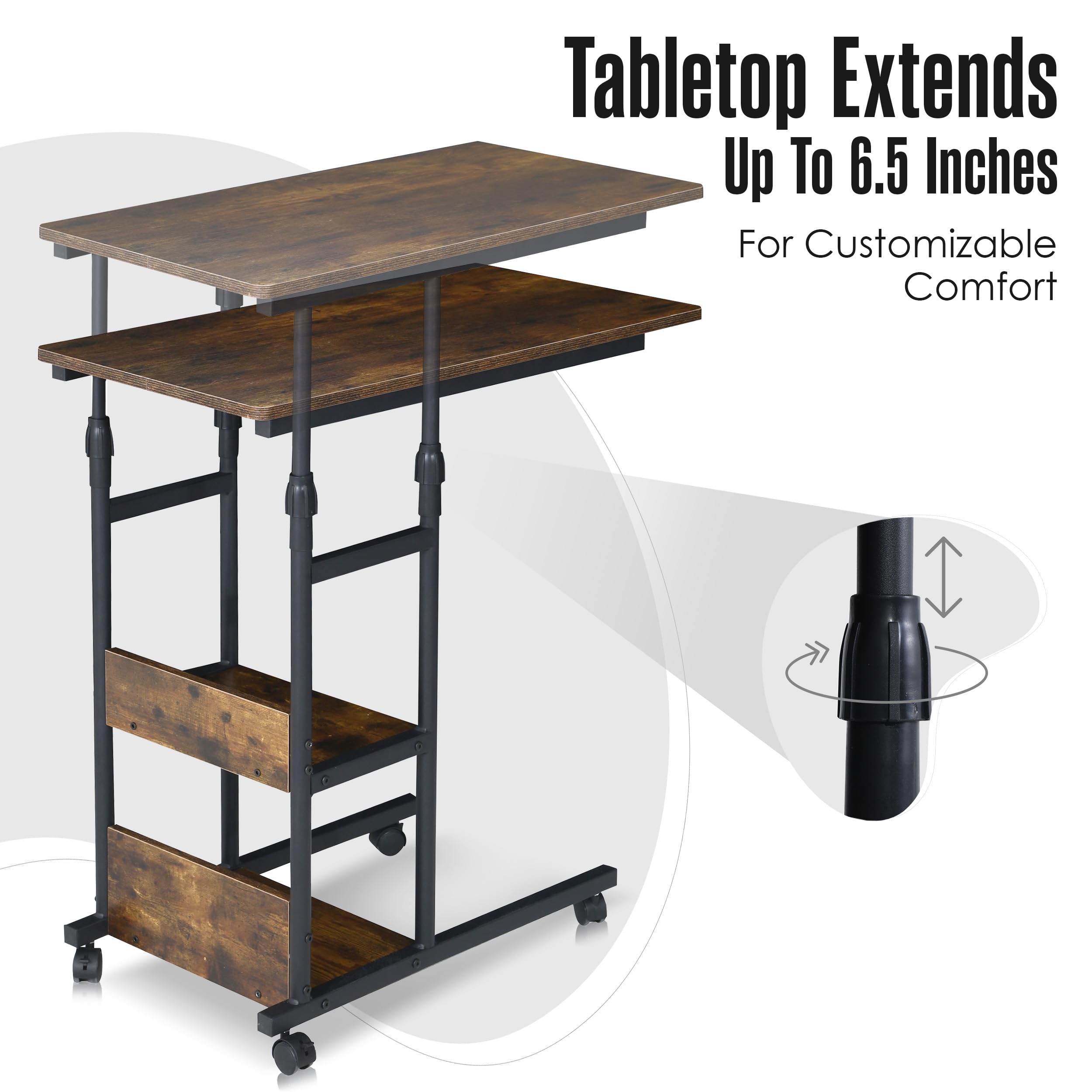 Adjustable Height Rolling Bedside Table with Wheels - Mobile C Desk for Over Bed, Under Couch - Perfect for Laptop, Dinner & Snacks - 37 x 32 x 16 Inch - Ideal for Bedroom, Living Room & Small Spaces