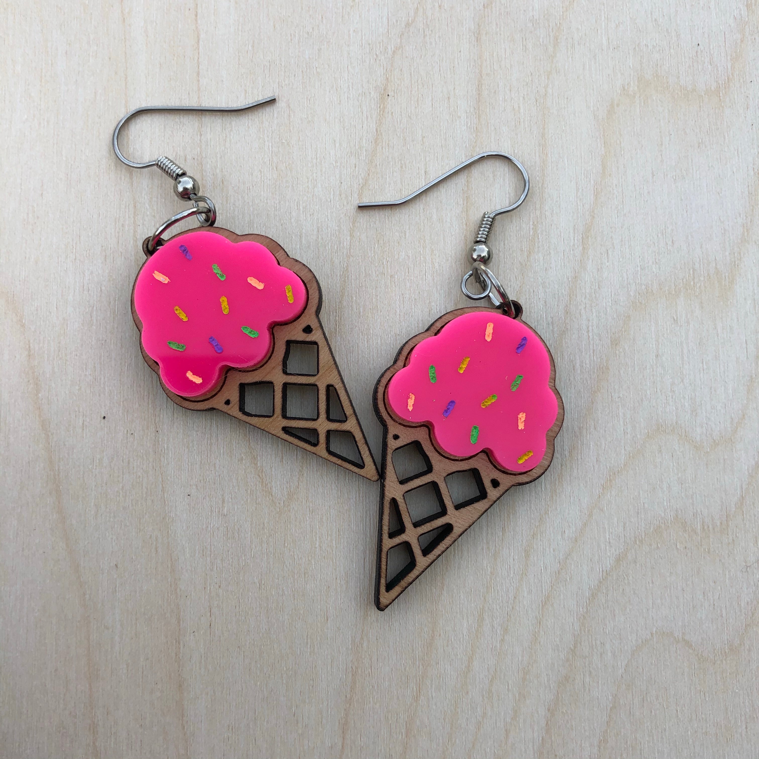 Hot Pink Ice Cream Cone Fish Hook Dangle Earrings for Women - Trendy Summer Fashion Jewelry - Perfect for Beach Parties, Vacations & Fun Outfits