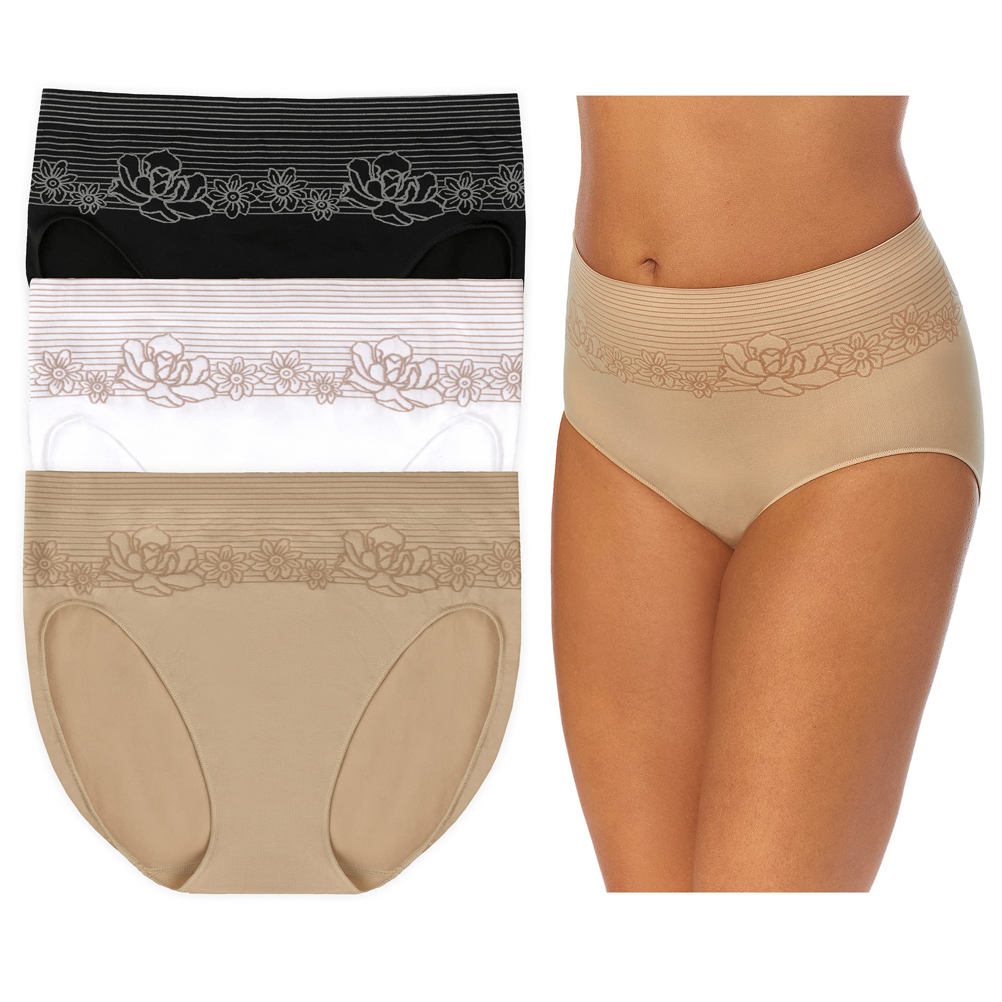 Ellen Tracy Women's Seamless Hi-Cut Brief Panties 3-Pack - Ultra Soft Scalloped Edge Underwear for Everyday Comfort & Lounge Wear