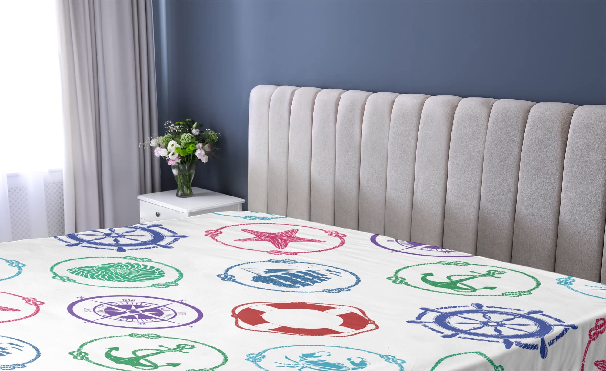 Ambesonne Marine Themed Fitted Sheet - Anchor, Wheel, Compass & Sea Life Design, Deep Pocket All-Around Elastic, Twin XL Size, Green & Red - Perfect for Nautical Bedrooms, Beach Houses & Coastal Decor