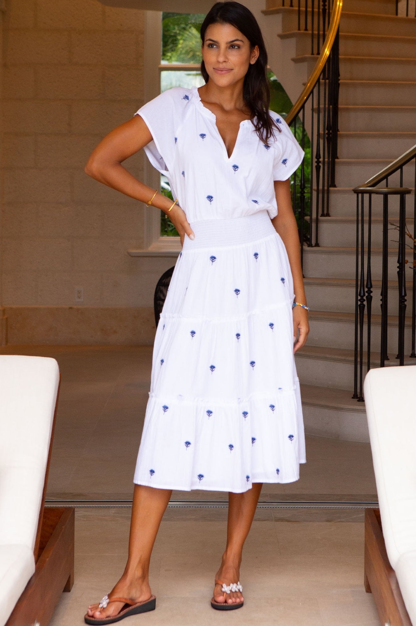 Riley Embroidered Organic Cotton Dress for Women - Soft & Breathable Summer Dress in White/Blue | Perfect for Beach, Vacation & Casual Outings