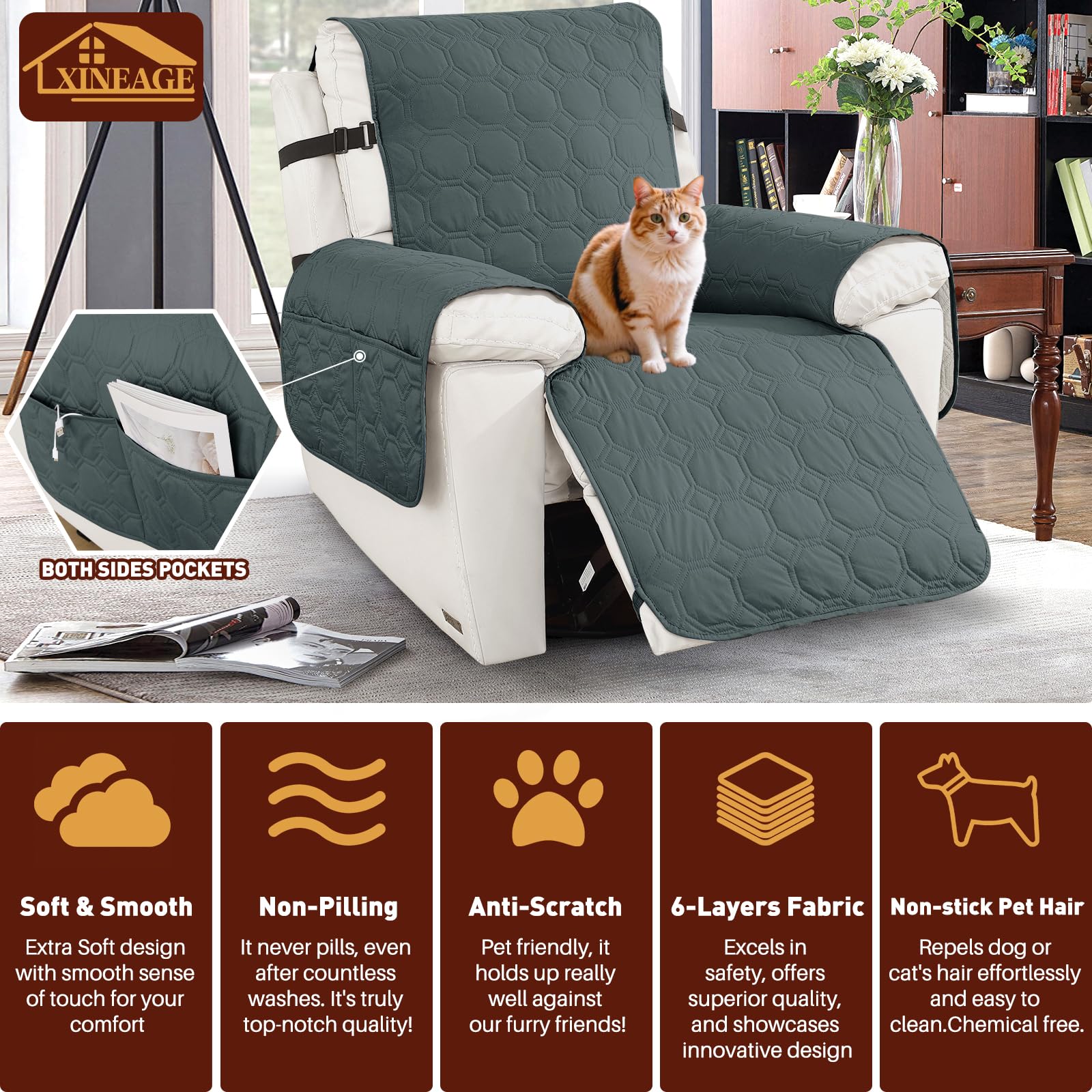 XINEAGE 100% Waterproof Recliner Chair Cover - Non Slip Sofa Protector with Storage Pocket & Elastic Straps - Washable Pet-Friendly Furniture Cover (Dark Gray, 23.6