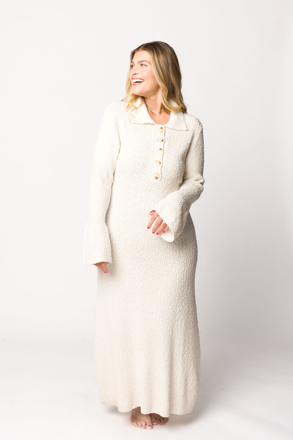 Courtney Boucle Maxi Shirt Dress - Cream Nursing Friendly Maternity Dress for Women | Elegant Long Sleeve Button Down Shirt Dress for Pregnancy, Breastfeeding & Everyday Wear