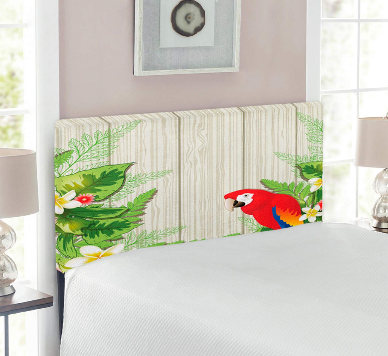 Ambesonne Parrot Headboard - Tropical Flowers & Parrot Summer Garden Design, Upholstered Wooden Wall Art with Memory Foam, Twin Size Bed Frame in Cream Green Red | Perfect for Beach House, Boho Bedroom & Tropical Home Decor