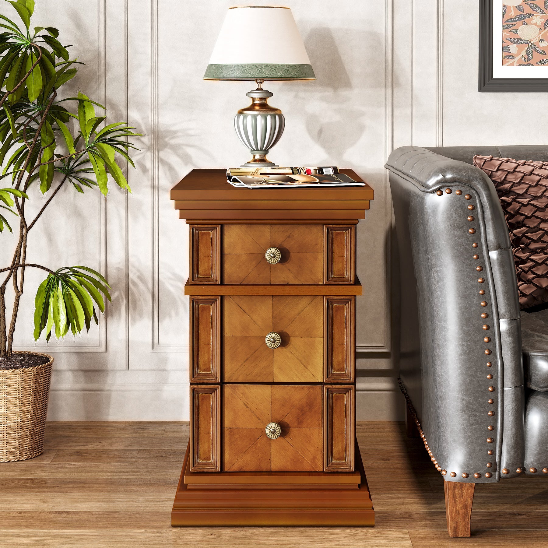 Modern Wooden End Table with 3 Drawers - Nightstand, Sofa Side Table for Living Room, Bedroom - Perfect for Small Spaces & Home Decor