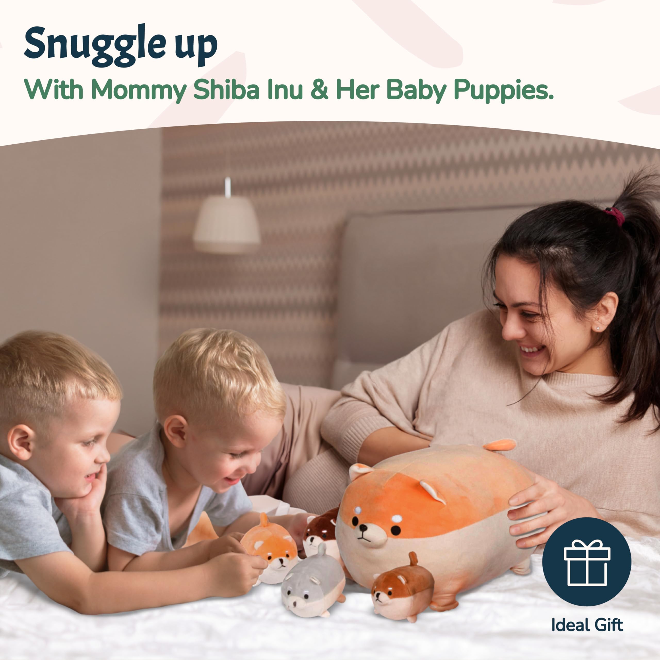 PixieCrush Shiba Inu Plush Toy Set - Soft Stuffed Dog with 4 Puppies for Kids - Cute Animal Pillow for Imaginative Play & Cuddling - Perfect Gift for Girls Ages 3-8 - Great for Bedtime, Playtime & Nursery Decor