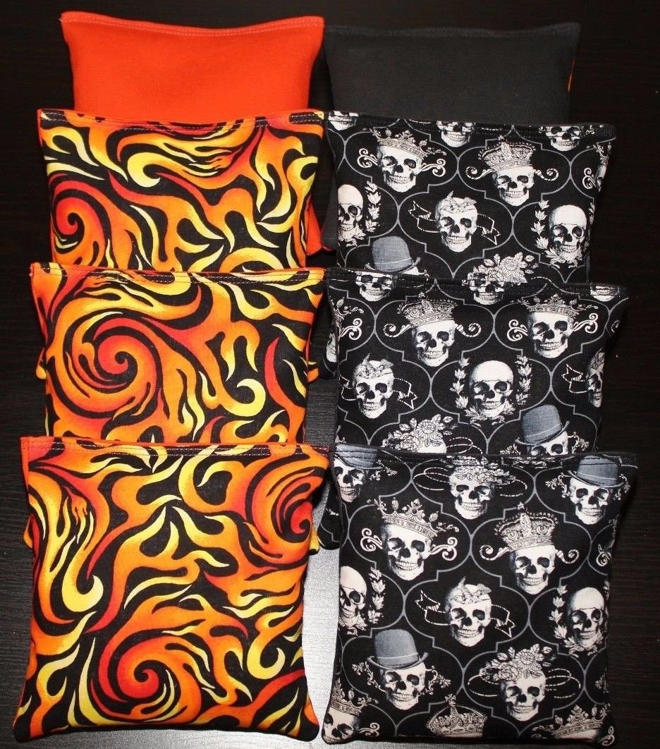 BackYardGamesUSA Flames & Skulls Cornhole Bean Bags Set - 8 ACA Regulation Size Bags in Harley Orange & Black - Perfect for Tailgating, Backyard BBQs, and Outdoor Parties