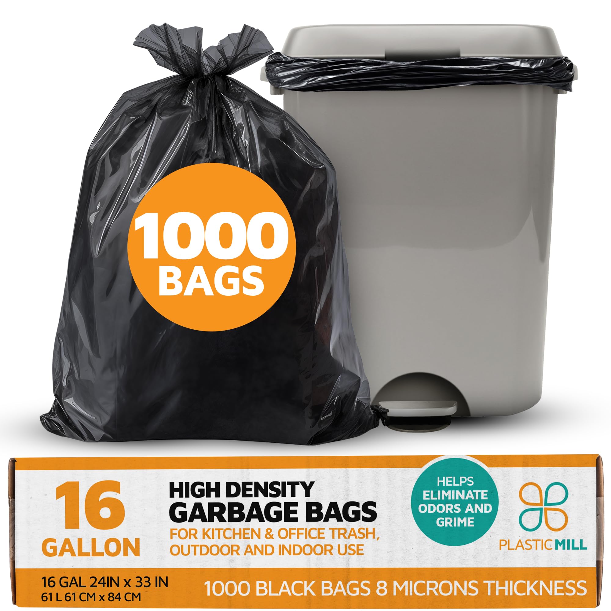 PlasticMill Heavy Duty Trash Bags - 1000 Count Black Garbage Bags, 8 Microns Thick, 24