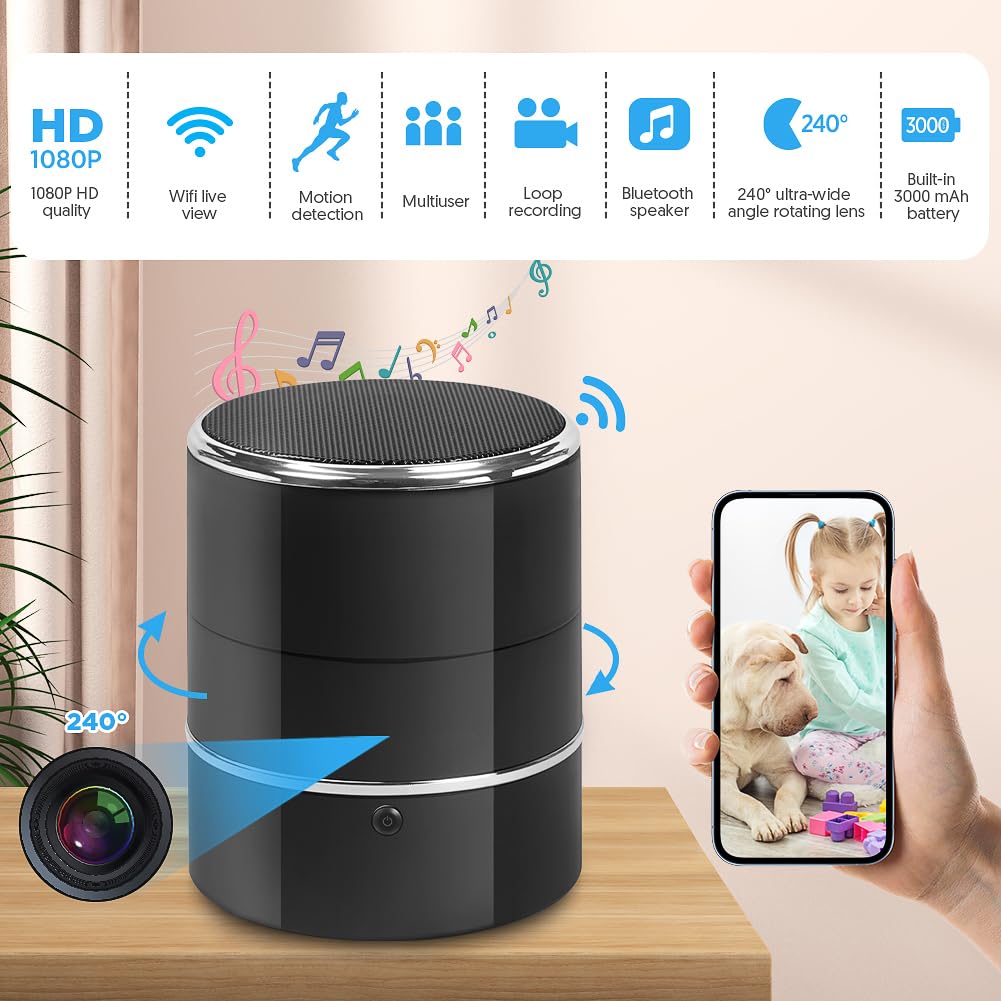 SOPKVL Hidden Spy Camera Bluetooth Speaker - 240° Ultra-Wide Angle Nanny Cam with WiFi Live View & Motion Detection, 2.4G/5G Dual Band for Home & Office Security - Perfect for Baby Monitoring, Pet Watching, and Indoor Surveillance