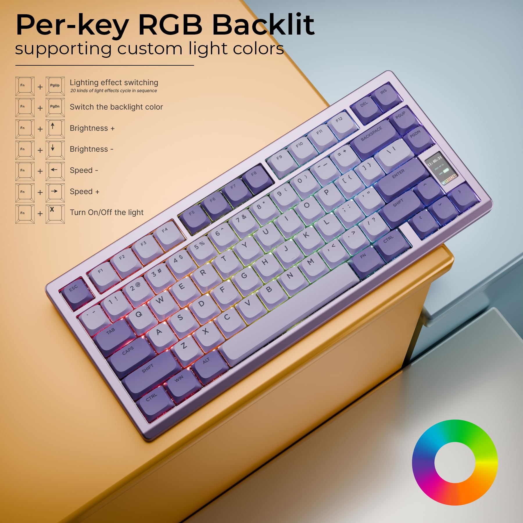 Chilkey ND75 LP Low Profile Aluminum Mechanical Keyboard - 75% Wireless Gaming Keyboard with Screen, Tri-Mode Connectivity, Quick Disassembly, RGB Backlit - for PC, Laptop, Office & Gaming (Purple) | Perfect for Esports, Typing & Professional Workstations