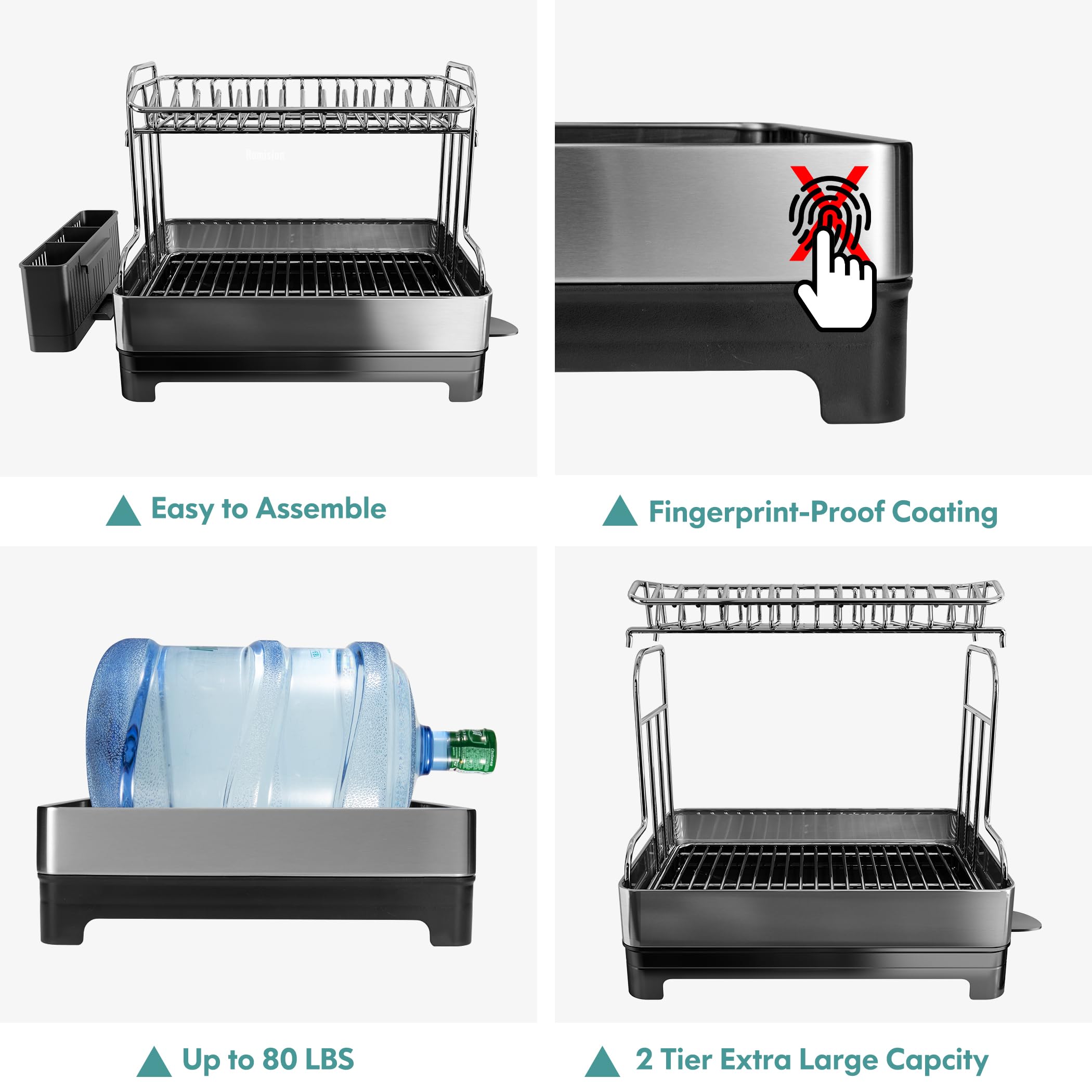 Romision Extra Large 2-Tier Stainless Steel Dish Drying Rack with Drainboard - Heavy Duty Kitchen Counter Dish Drainer & Utensil Holder for Big Families | Perfect for Drying Dishes, Cups & Cookware After Washing
