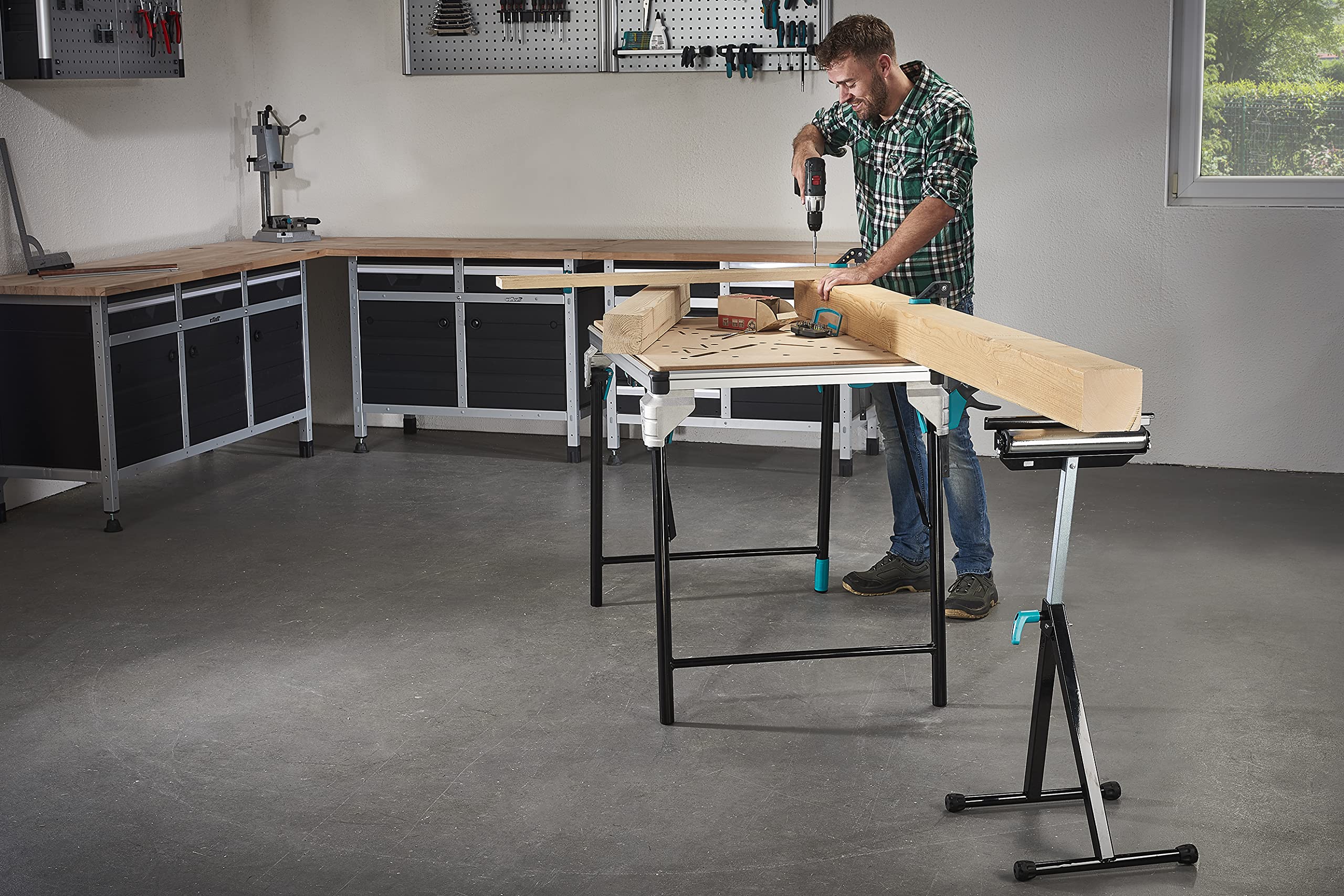 Wolfcraft Multi-Function Support Stand & Roller Trestle (Model 6102300) - Heavy Duty Workbench Support for Woodworking, DIY Projects & Construction - Perfect for Sawing, Sanding & Material Handling