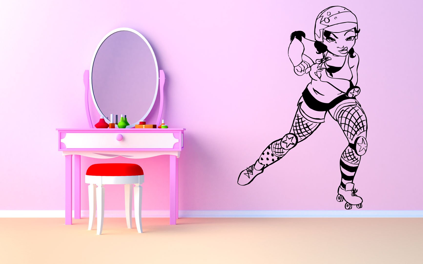 Wall Art Vinyl Sticker Mural - Roller Skate Derby Girl Decoration for Home, Bedroom, Living Room & Office - Big Size AS1728 - Perfect for Teen Girls Room Decor & Skateboarding Enthusiasts