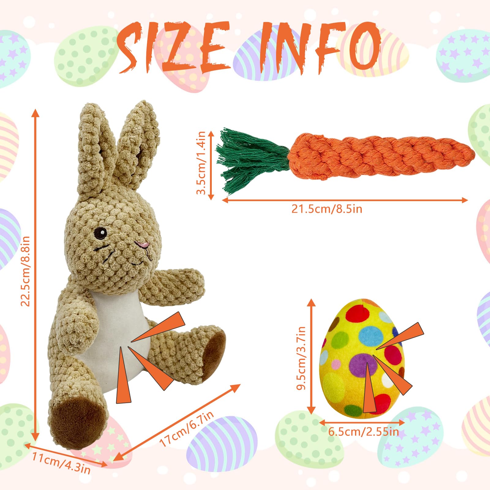 4 Pcs Easter Dog Squeaky Toys - Plush Bunny Rabbit Stuffed Animal with Crinkle & Rope Carrot - Interactive Easter Gift for Small Medium Dogs - Perfect for Easter Egg Hunts & Puppy Playtime