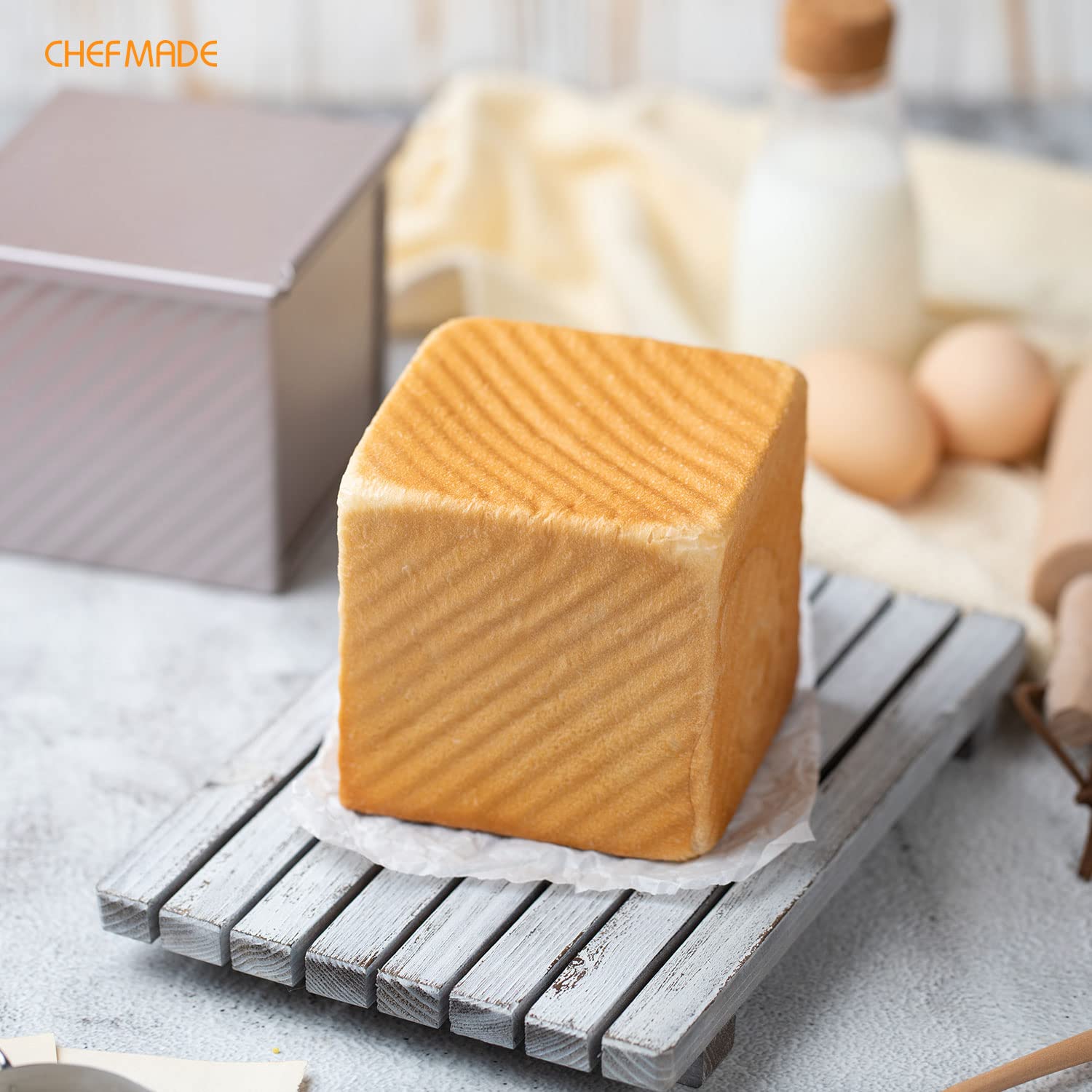 CHEFMADE Mini Pullman Loaf Pan with Lid - 0.55Lb Dough Capacity, Non-Stick Rectangle Corrugated Toast Box for Oven Baking - 3.9
