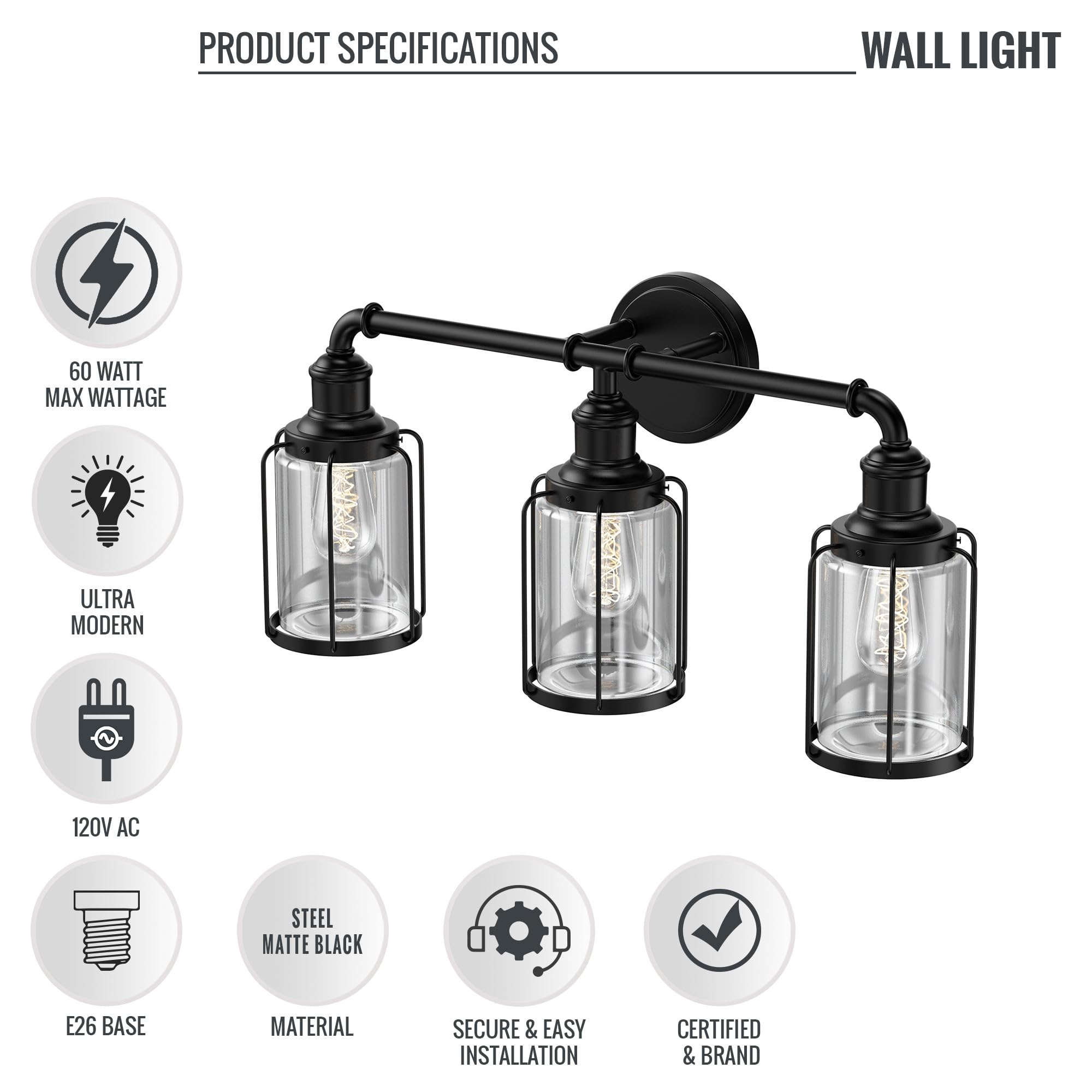 LED Vanity Light - 3-Light Matte Black Bathroom Mirror Lamp for Living Room & Bedroom
