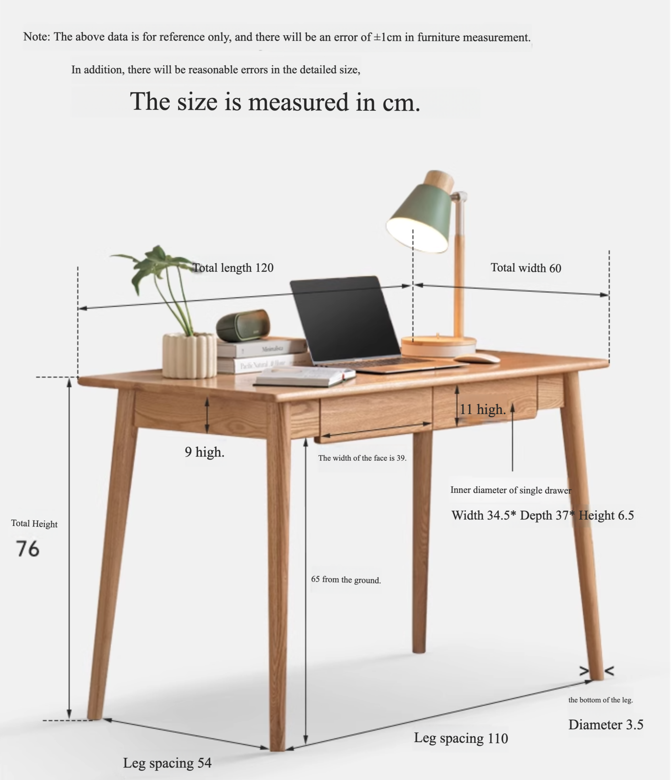 Solid Oak Wood Office Desk with Spindle-Shaped Slanted Legs - Modern Home Office Furniture for Work & Study