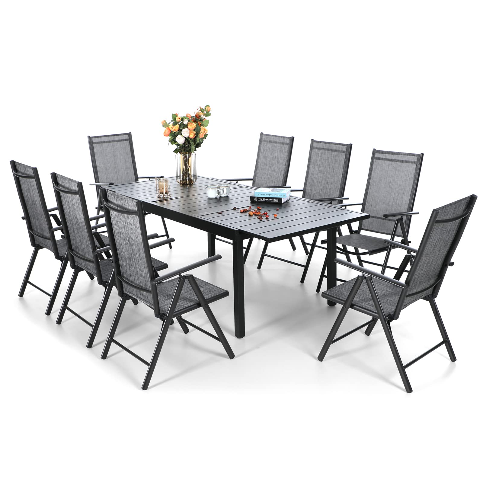 Sophia & William 8-Piece Expandable Outdoor Dining Set - Metal Patio Table & 8 Foldable Textilene Chairs (Grey) - Perfect for Backyard BBQs, Poolside Gatherings & Garden Parties