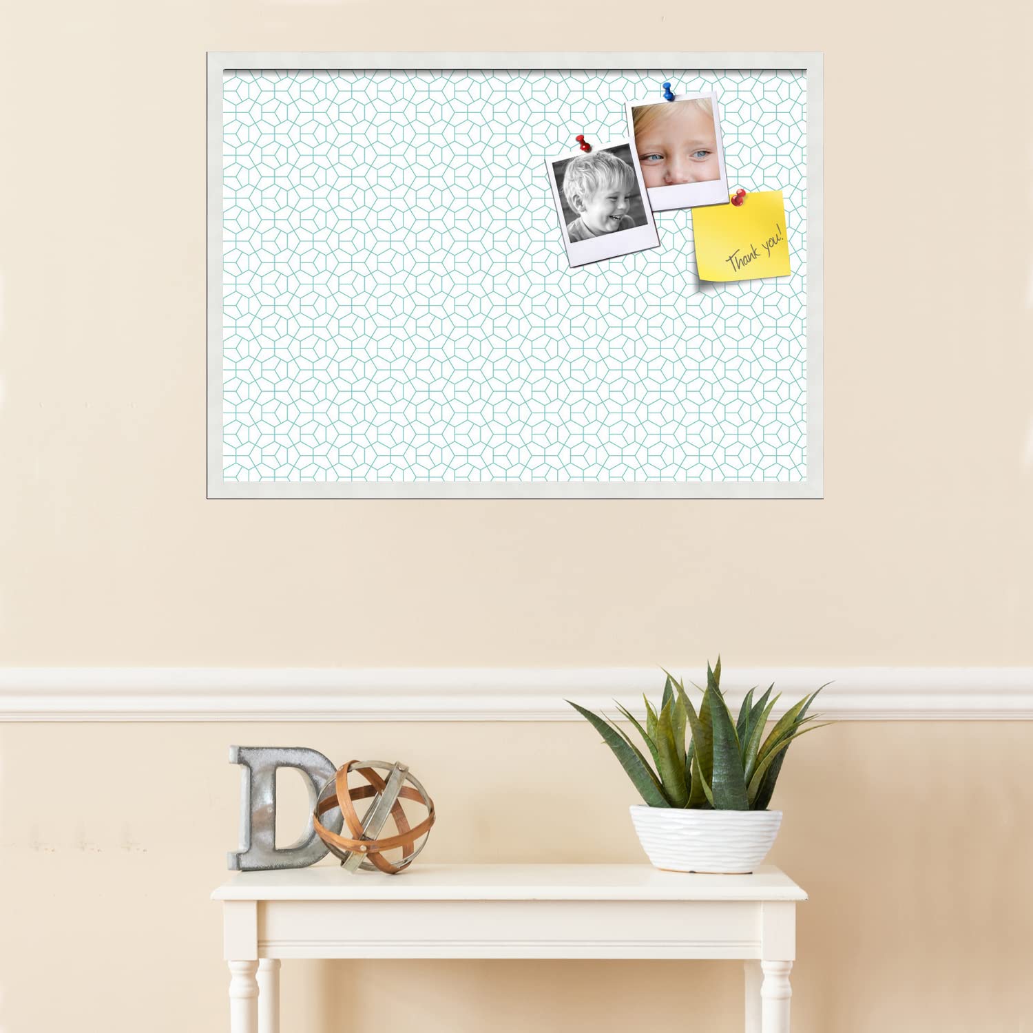 PinPix 34x24 Inch Cork Bulletin Board with Modern Hex Aqua Design & Satin White Frame - Decorative Wall Pin Board for Home Office Decor, School Classroom, Dorm Room Organization & Message Display