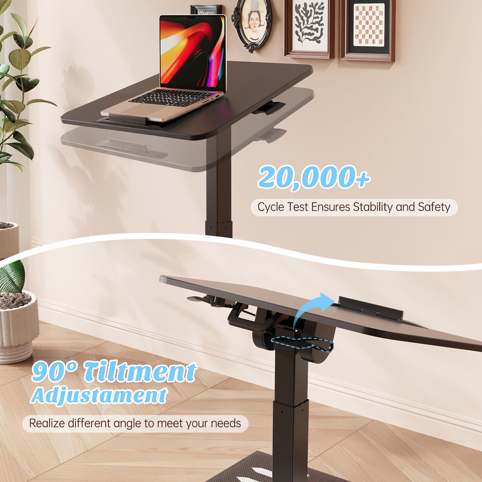 Adjustable Height Foldable Standing Desk with Wheels - Portable Sit Stand Workstation for Home Office, 90° Tiltable Laptop Desk, Ergonomic Mobile Desk for Small Spaces (Ideal for Remote Work, Study & Gaming)