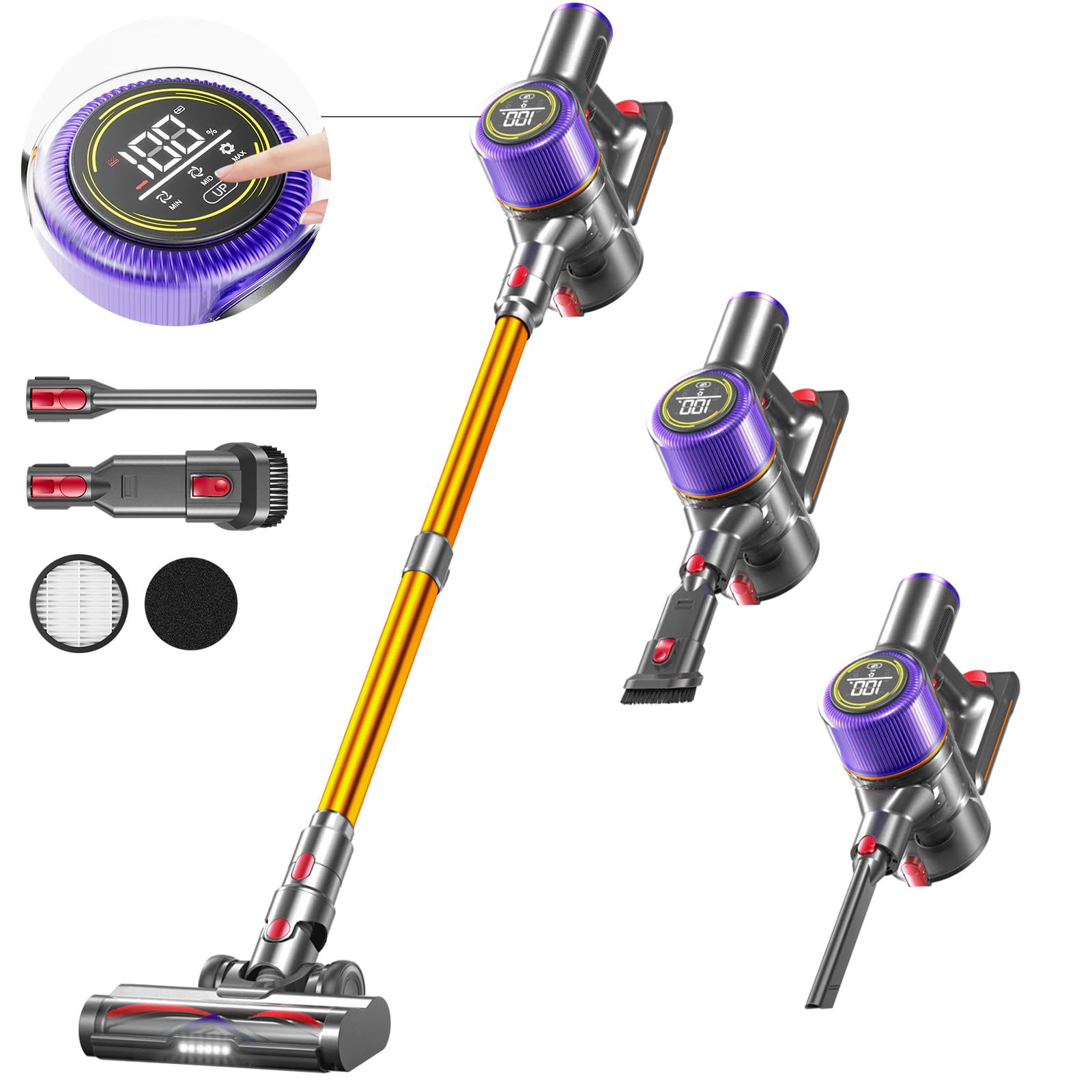 Powerful 45Kpa/550W Cordless Vacuum Cleaner with Touch Display - 50 Min Runtime, 1.5L Dust Cup & Anti-Tangle Brush - Lightweight Stick Vacuum for Hard Floors, Carpets & Pet Hair - Perfect for Quick Cleanups & Deep Cleaning in Homes with Pets